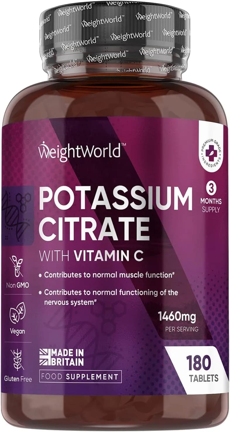 Potassium Supplement 1460mg with Vitamin C - 3 Months Supply (180 Vegan Potassium Tablets) - High Strength Potassium Citrate - Natural Electrolytes Support