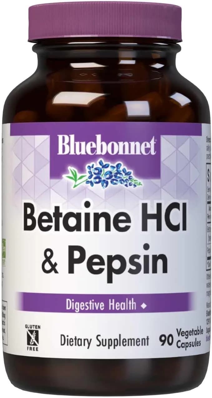 Betaine HCI Plus Pepsin Vegetarian Capsules Digestive, 600 mg, 90 Capsules by BlueBonnet