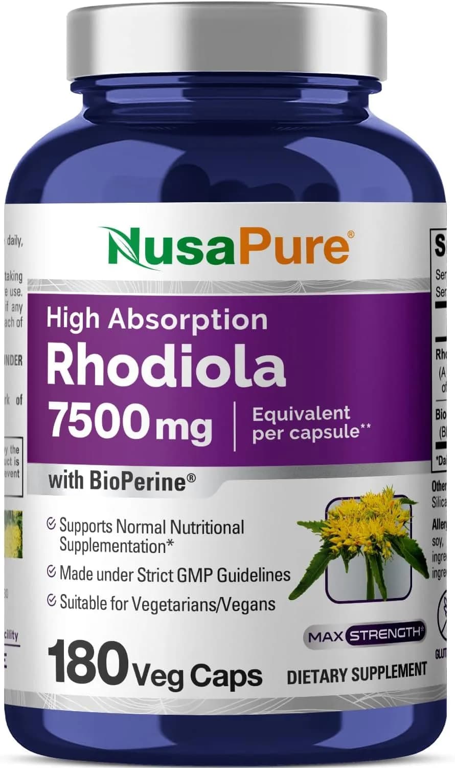 NusaPure Rhodiola Rosea 7500mg Extract 180 Veggie Capsules
