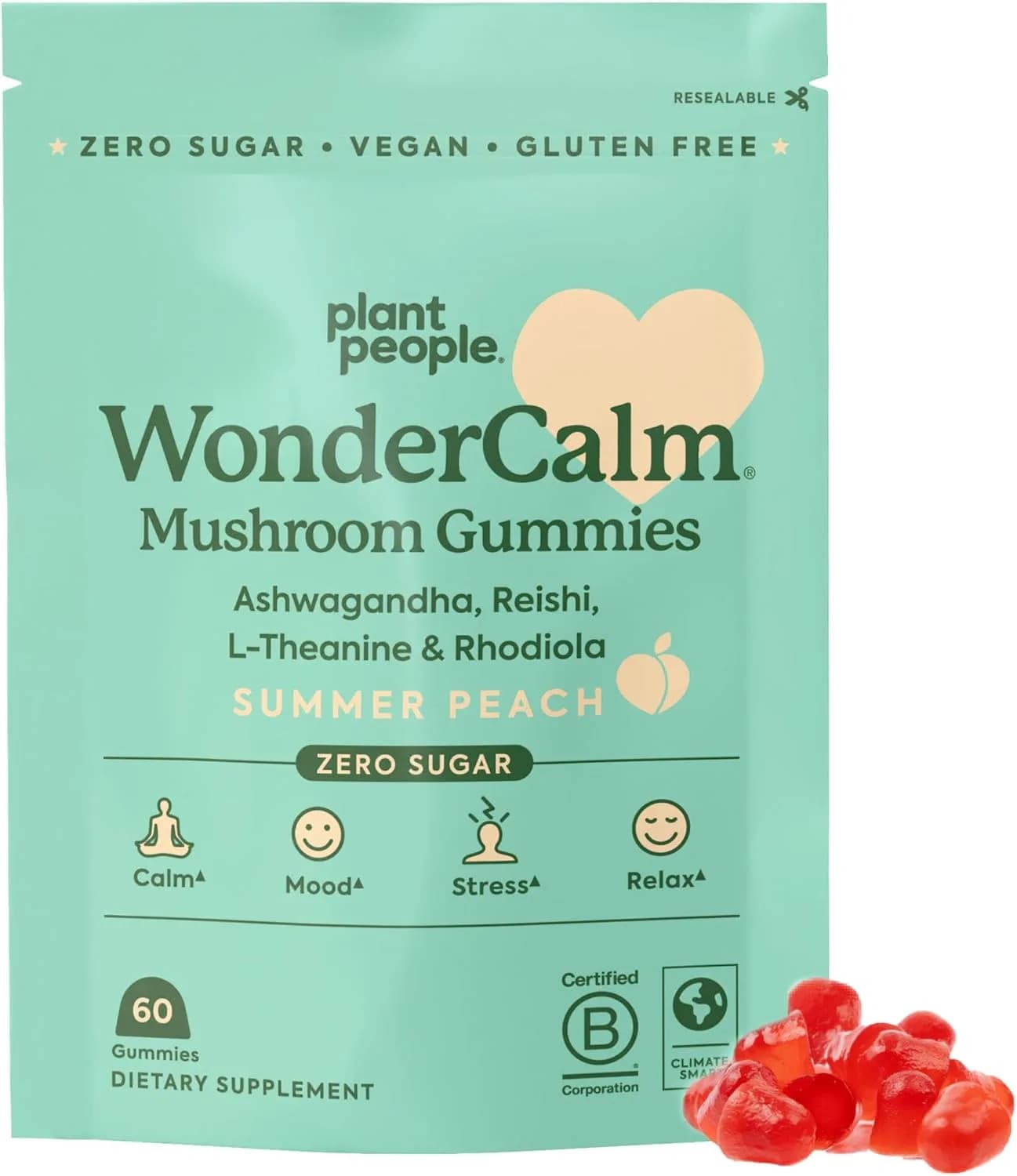 Plant People WonderCalm Mushroom Gummies - Natural Ashwagandha Supplement to Ease Stress & Boost Mood for Adults without Sugar, Gluten or Artificial Colors, Vegan-Friendly, Peach Flavor, 60 Count
