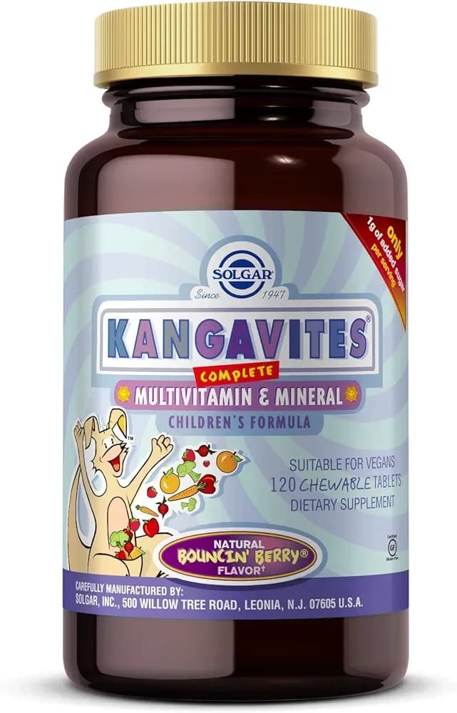 Solgar Kangavites, Bouncin’ Berry Flavor - 120 Chewable Tablets - Complete Multivitamin & Mineral Formula for Children - Vegan, Gluten Free سولجار كانجافيتس، نكهة التوت المنعشة - ١٢٠ قرص للمضغ- مكمل غذائي متكامل بالفيتامينات والمعادن للأطفال - نباتي، خالي من الجلوتين