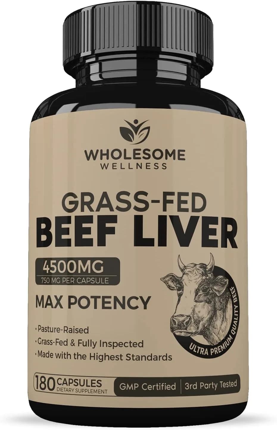 Grass Fed Desiccated Beef Liver Capsules, 750 mg, 180 Pills by Wholesome Wellness Nutrition