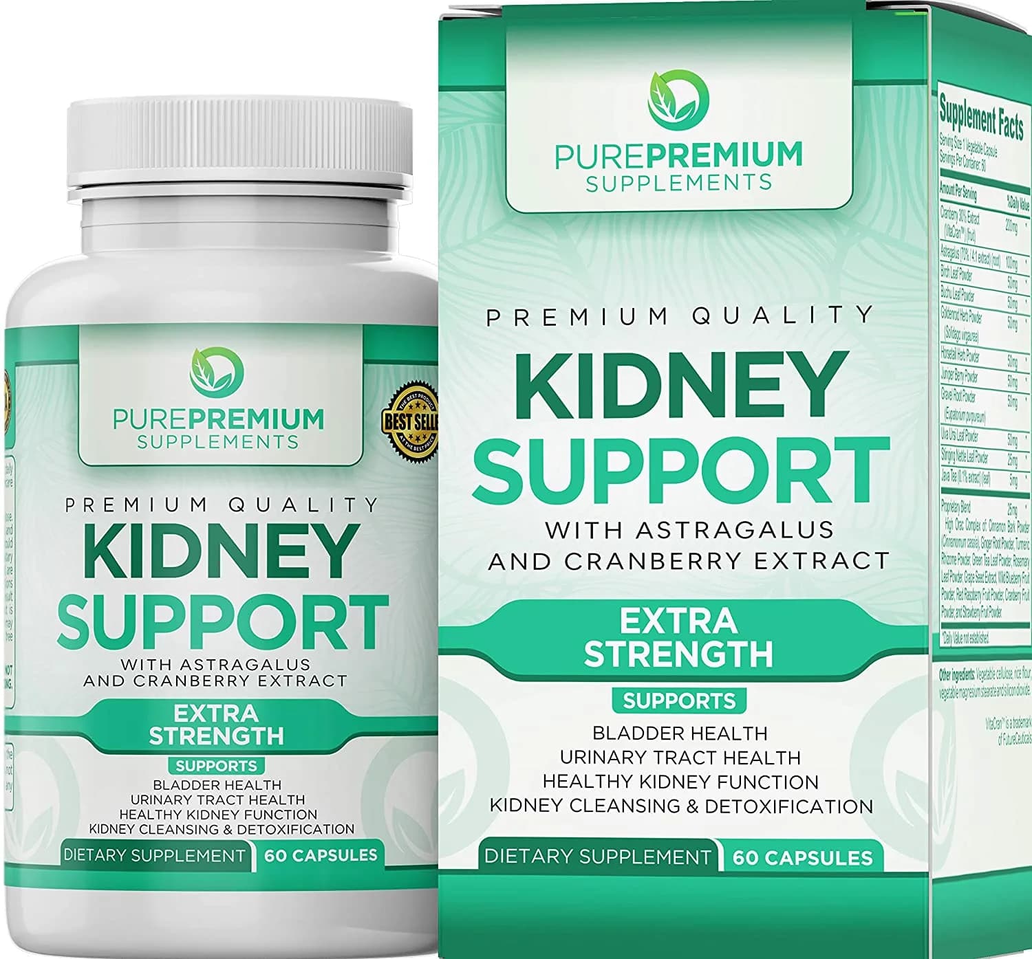 PurePremium Kidney Support Supplement (Kidney Cleanse Supplement) Potent Herbal Ingredients for Urinary Tract and Bladder Health – Cranberry Extract, Astragalus and Uva Ursi Leaf - 60 Caps داعم الكلى لتنظيف ولصحة الكلى و المسالك البولية والمثانة ، 60 كبسولة