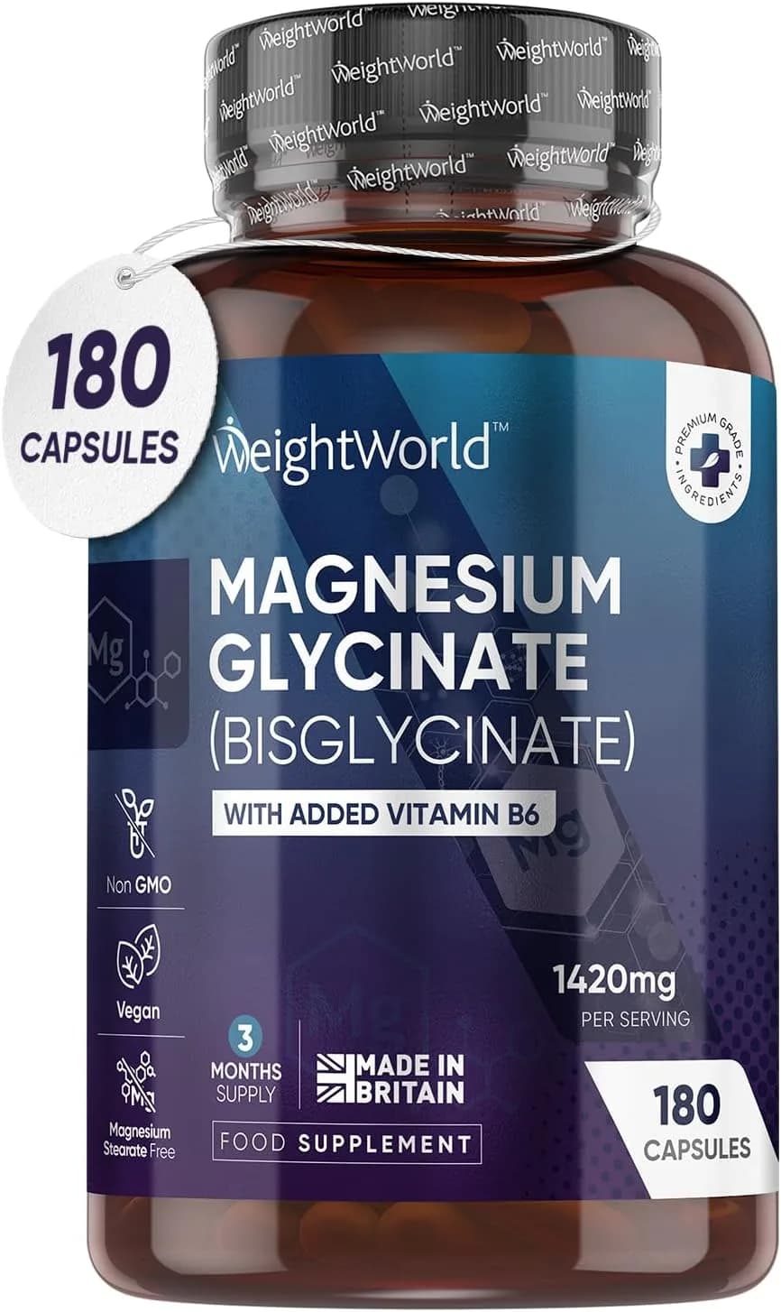 Magnesium Glycinate with Vitamin B6-1420mg Pure Magnesium Bisglycinate Powder Capsules - 180 Capsules