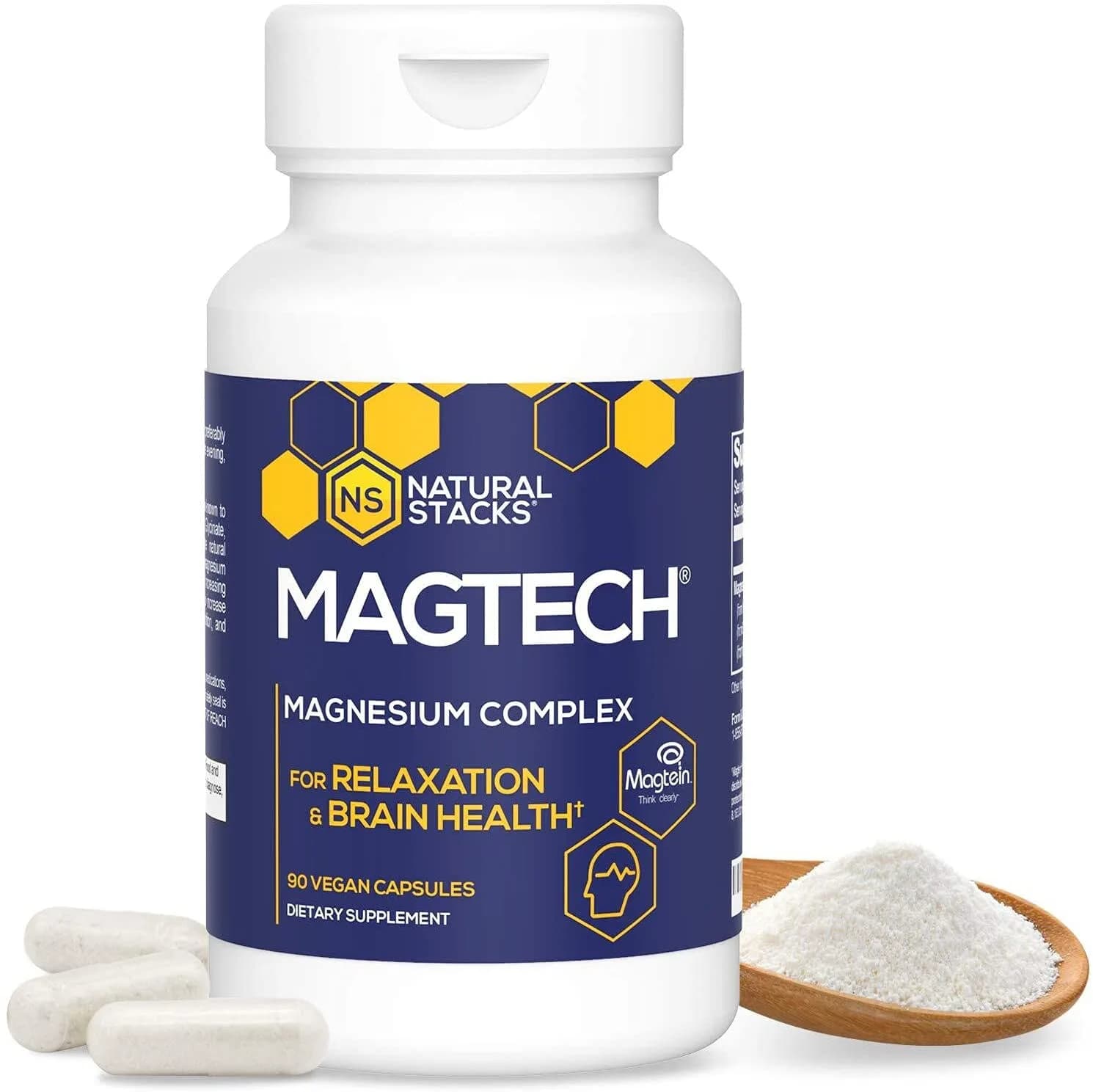 Natural Stacks MagTech Magnesium Supplement 90 ct. - High Quality Triple Blended 100% Chelated Magnesium Complex - L-Threonate (Magtein) for Memory & Focus - Glycinate for Sleep & Relaxation - Taurate for Muscle Cramps & Recovery خليط من أنواع الماغنيسيوم لصحة المخ ولدعم صحة النوم 90 كبسولة نباتية
