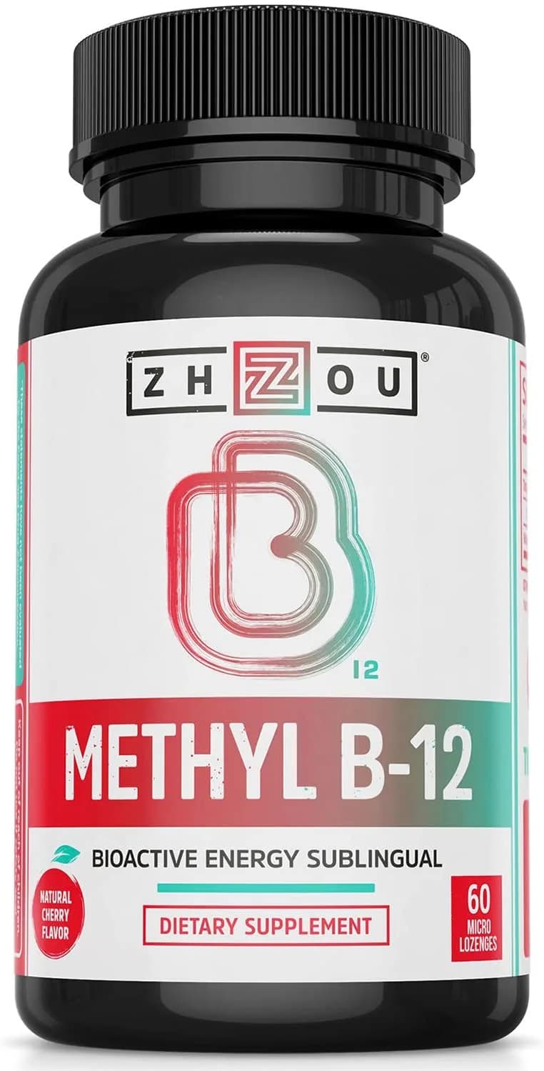 ZHOU Methyl B12 (Vitamin B12) Lozenges, 5000 mcg for Maximum Absorption and Active Energy - 60 Count ميثيل فيتامين ب12، 5000 ميكروجرام ، عالى الإمتصاص ، لزيادة إنتاج الطاقة ، 60 قطعة
