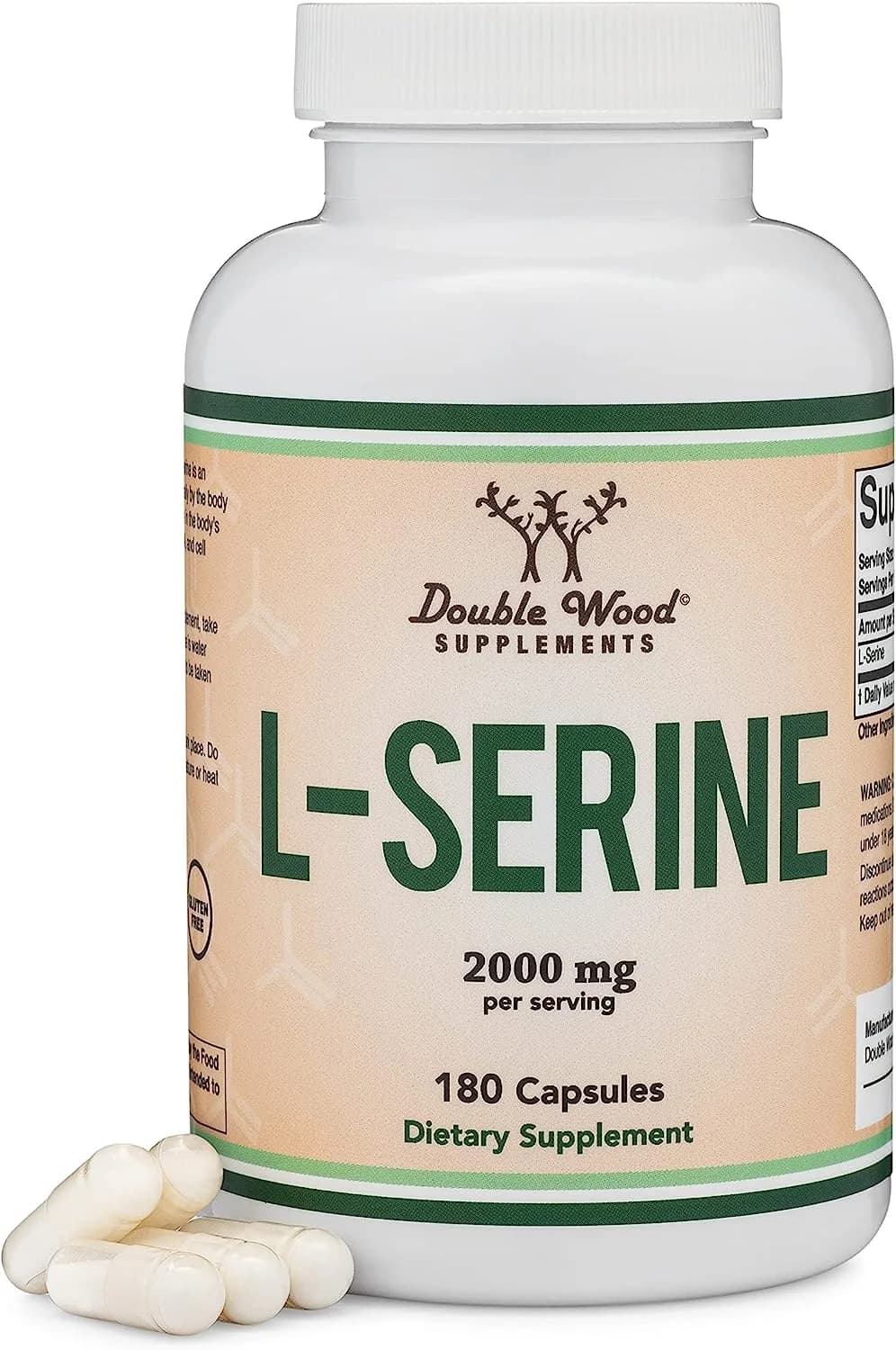 Double Wood L-Serine Capsules 2,000mg Servings Used in Clinical Study, 180 Count, 500mg per Capsule (L Serine Amino Acid for Serotonin Production and Brain Support)