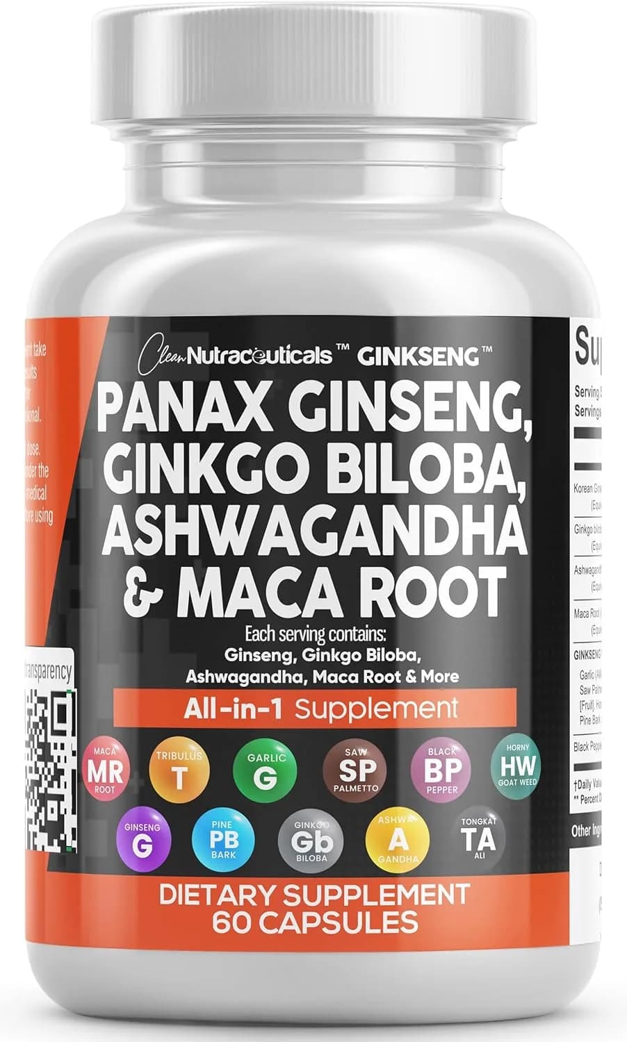 Clean Nutraceuticals, Panax Ginseng & Ginkgo Biloba & Ashwagandha & Maca Root, 60 Capsules