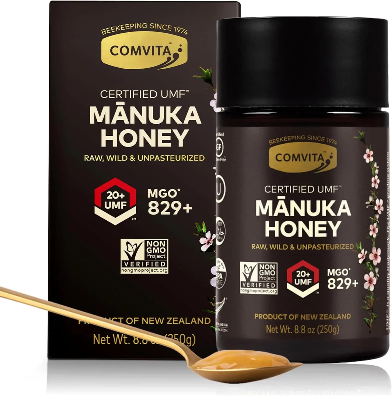 Comvita Manuka Honey UMF 20+ (MGO 829+) - Raw Manuka Honey New Zealand, Pure & Unpasteurized, Superfood for Immune Health, Use in Tea, Wild, Monofloral, Non-GMO - 250g (8.8 oz)
