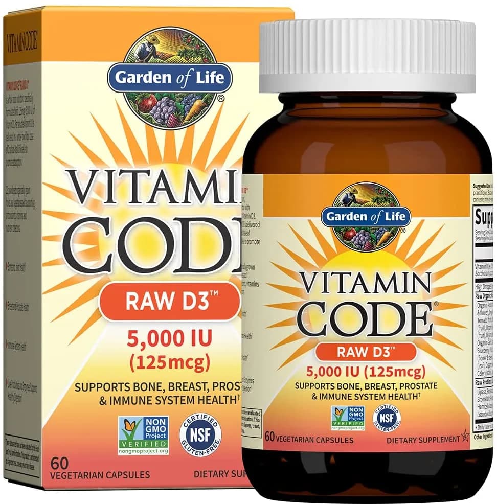 Garden of Life Vitamin D, Vitamin Code Raw D3, Vitamin D 5,000 IU, Raw Whole Food Vitamin D Supplements with Chlorella, Fruit, Veggies & Probiotics for Bone & Immune Health, 60 Vegetarian Capsules جاردن اوف لايف وفيتامين كود فيتامين د3 الخام 5000 وحدة دولية لصحة العظام والجهاز المناعى 60 كبسولة نباتية