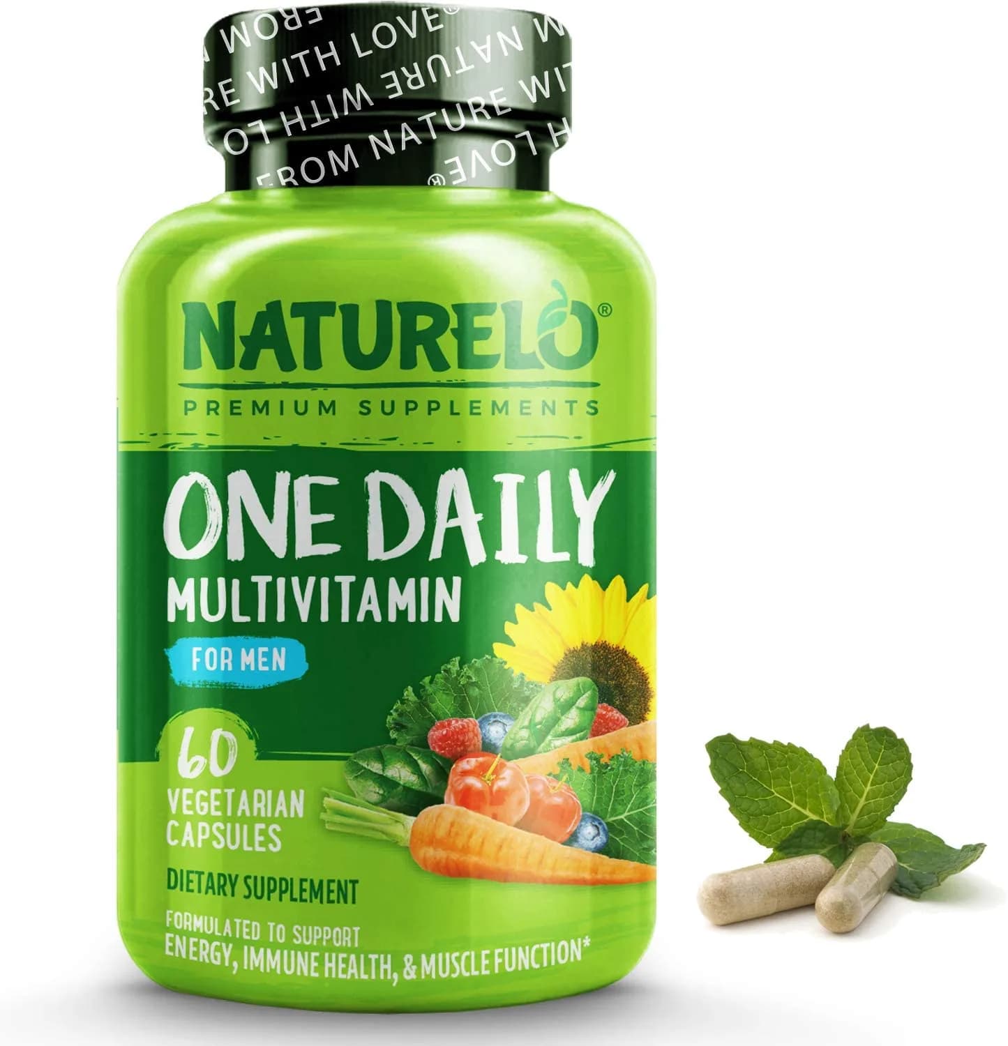 NATURELO One Daily Multivitamin for Men - with Vitamins & Minerals + Organic Whole Foods - Supplement to Boost Energy, General Health - Non-GMO - 60 Capsules | 2 Month Supply وان ديلى فيتامينات متعددة ، غذاء كامل للرجال 60 كبسولة نباتية