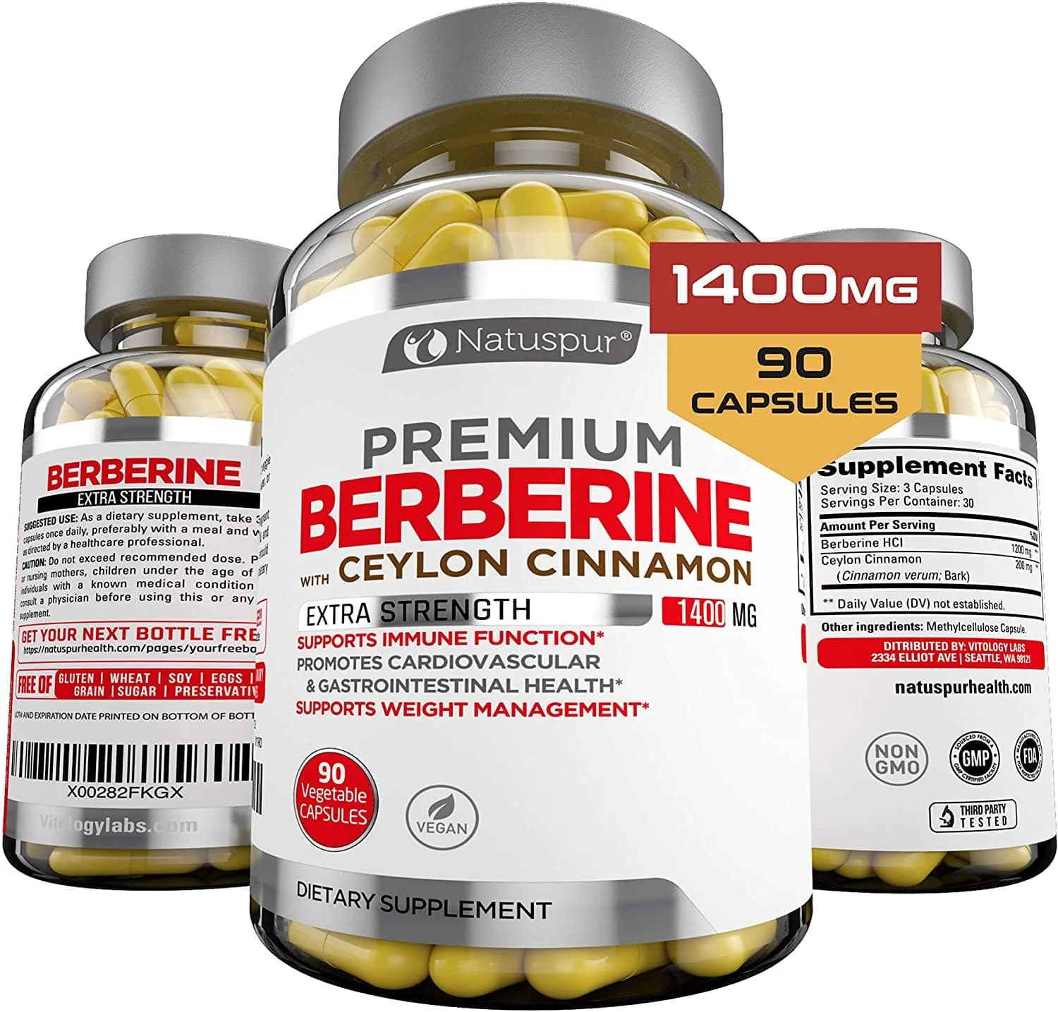 Natuspur Natuspur Premium Berberine HCL Plus Ceylon Cinnamon, 1400 mg, 90 Capsules