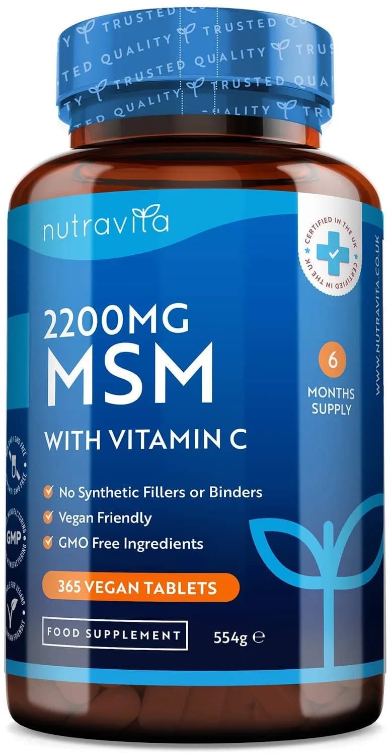 Nutravita MSM 2200mg Tablets – 365 Vegan Tablets – Methylsulfonylmethane with 80mg Vitamin C – 6 Month Supply - Made in The UK by Nutravita ميثيل سلفونيل ميثان 2200 مجم للجرعة مع فيتامين ج 80 مجم ، 365 حباية نباتية تكفى 6 أشهر