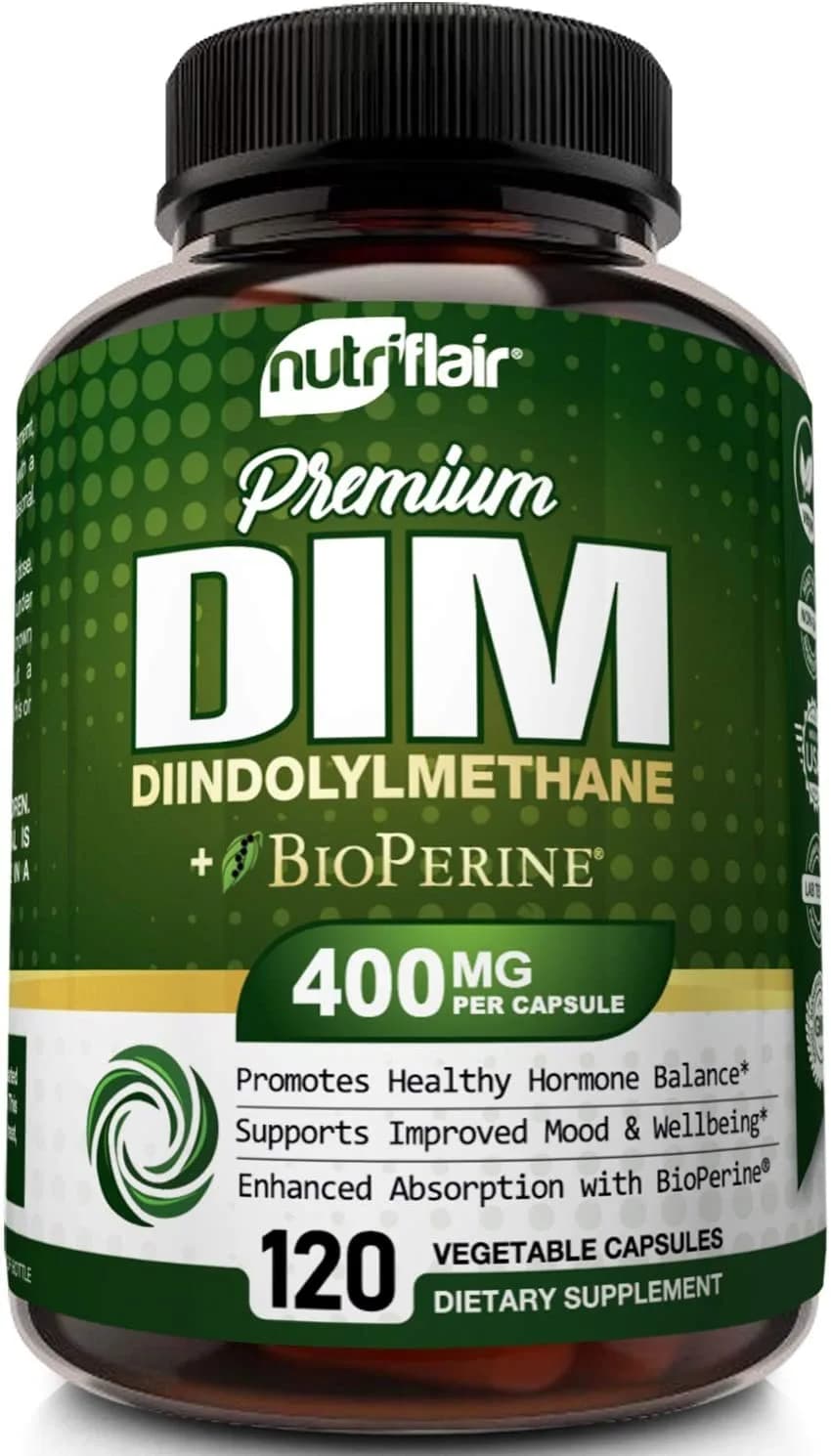 NutriFlair DIM Supplement 400mg with Bioperine, 120 Capsules - Diindolylmethane - Estrogen Metabolism Support & Hormone Balance, Menopause, PCOS, Acne and Skin Care for Men & Women - Compare to 300mg