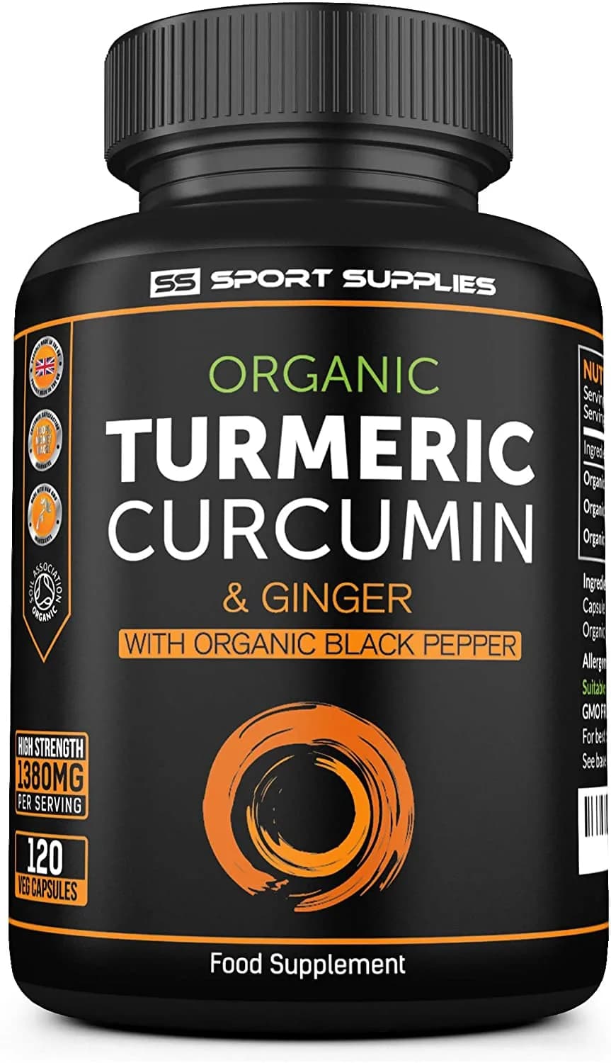SS Sport Supplies Organic Turmeric Capsules High Strength and Black Pepper with Active Curcumin with Ginger 1380mg - Advanced Tumeric - Each 120 Veg Capsule is Organic الكركم العضوى مع الفلفل الأسود والزنجبيل 120 كبسولة نباتية