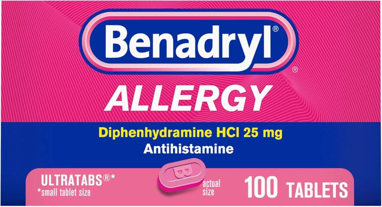 Benadryl Ultratabs Allergy Medicine, 25 mg Diphenhydramine HCl Antihistamine Tablets For Cold & Allergy Relief of Symptoms Like Sneezing, Runny Nose, Itchy Eyes & Throat, Hay Fever, 100 Tablets