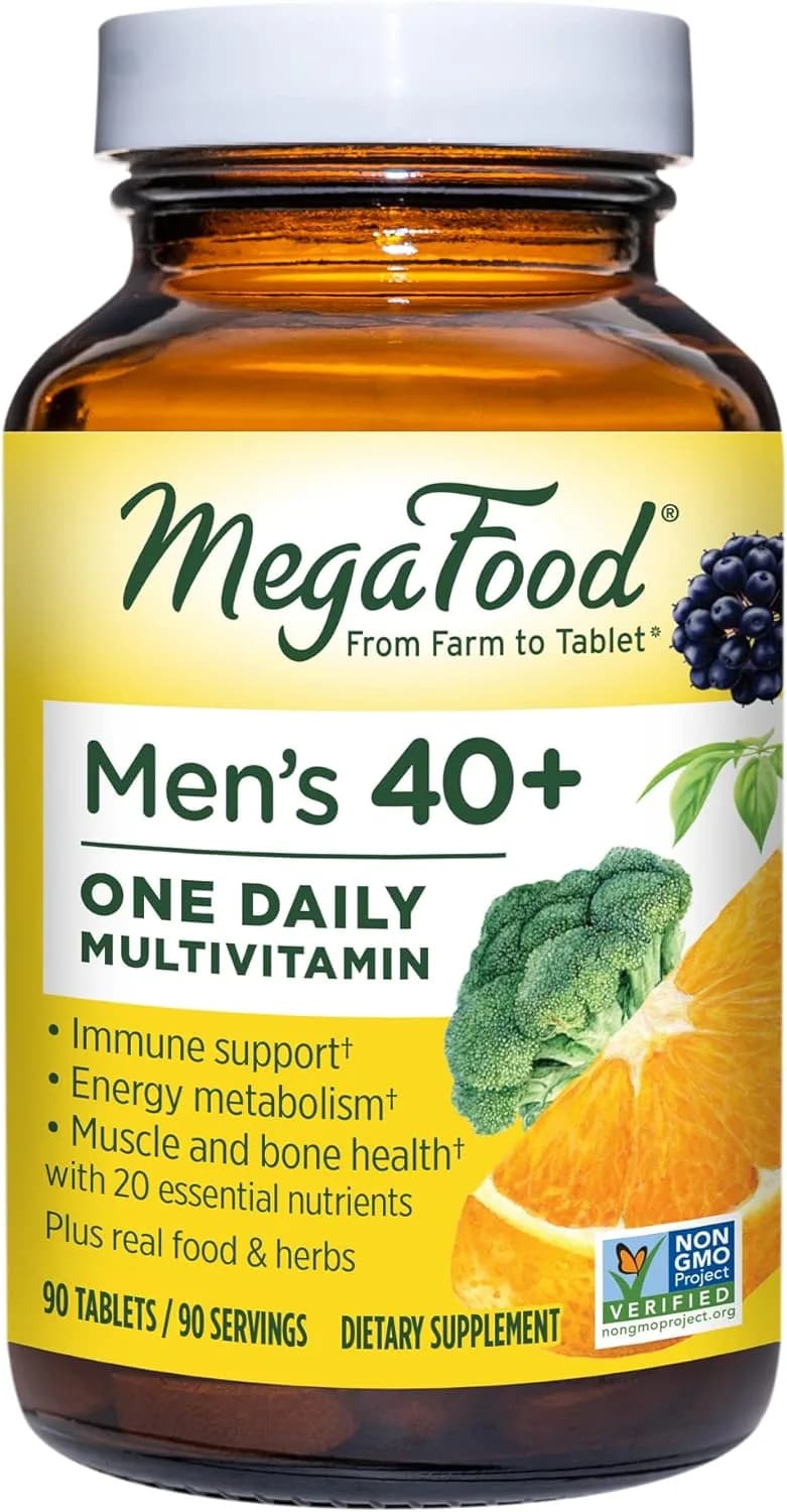 MegaFood Men's 40+ One Daily Multivitamin for Men With Vitamin B, Vitamin D3, Selenium, Zinc & Real Food - Immune Support, Energy Metabolism, and Muscle & Bone Health – Non GMO; Vegetarian - 90 Tabs