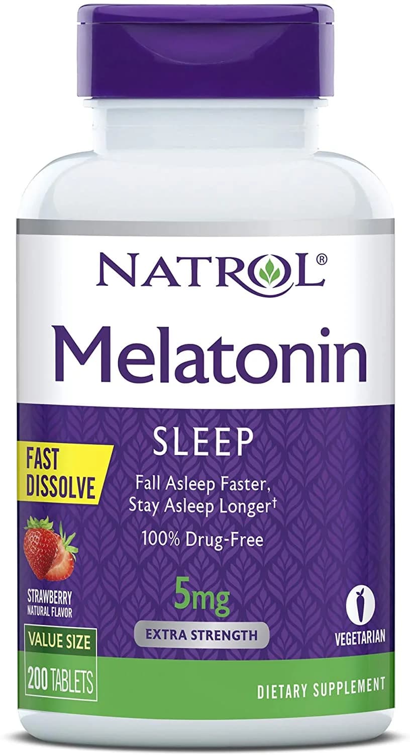 Natrol Melatonin Fast Dissolve 5 mg 200 Tablets, Helps You Fall Asleep Faster, Stay Asleep Longer, Strawberry Flavor ناترول ، ميلاتونين سريع الذوبان 5 مجم ، 200 حباية بطعم الفراولة ، لسقوط فى النوم بسرعة وتظل نائما لفترة أطول