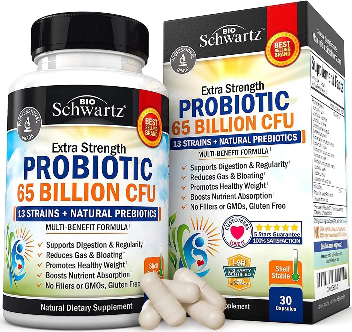 Probiotic Digestive Health Support, 65 billion CFU, 30 Capsules by BioSchwartz