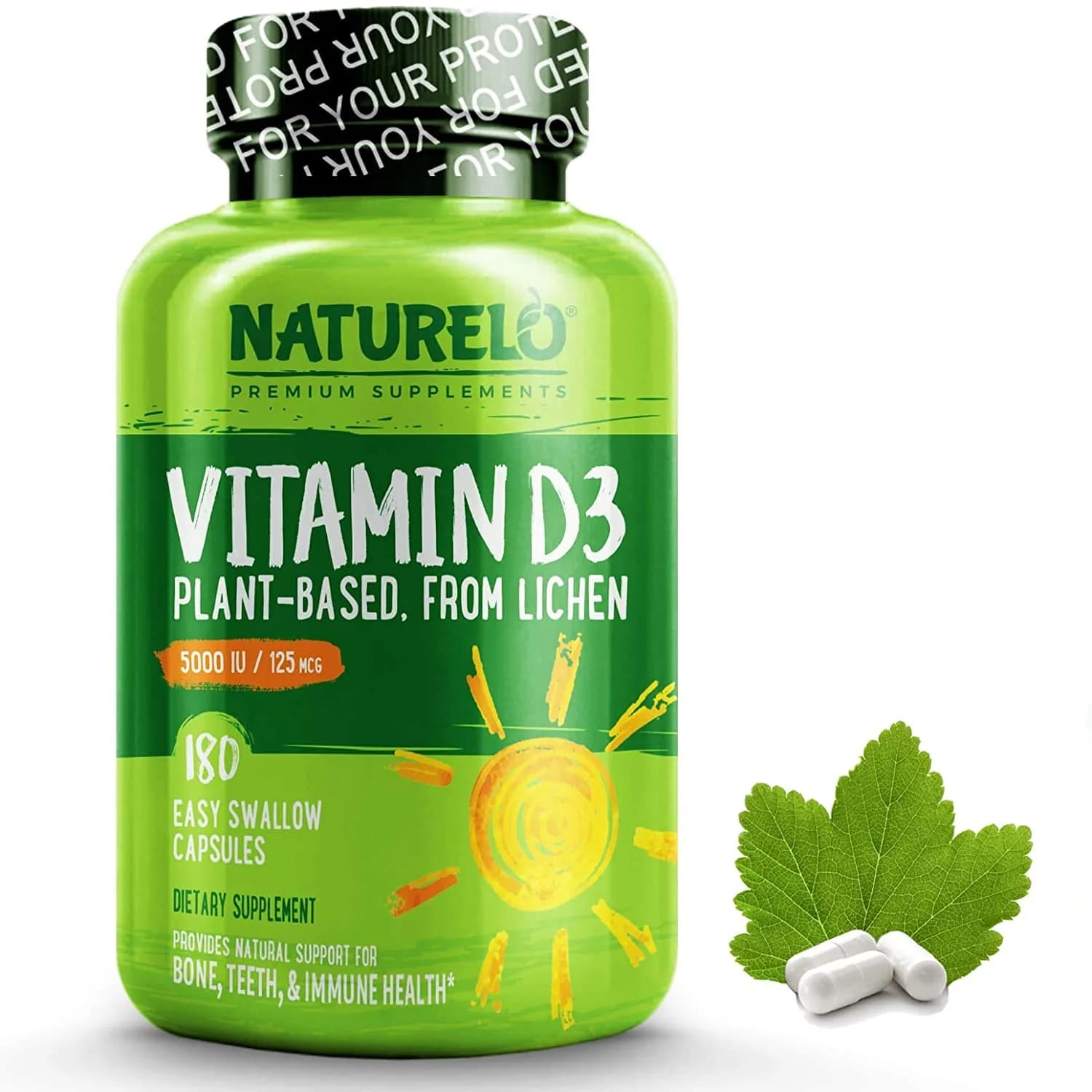 NATURELO Vitamin D - 5000 IU - Plant Based from Lichen - Natural D3 Supplement for Immune System, Bone Support, Joint Health - High Potency - Vegan - Non-GMO - Gluten Free - 180 Capsules فيتامين د3 الطبيعى 5000 وحدة دولية ، لصحة الجهاز المناعى ولصحة العظام والمفاصل ، نباتى وعالى الفاعلية ، 180 كبسولة