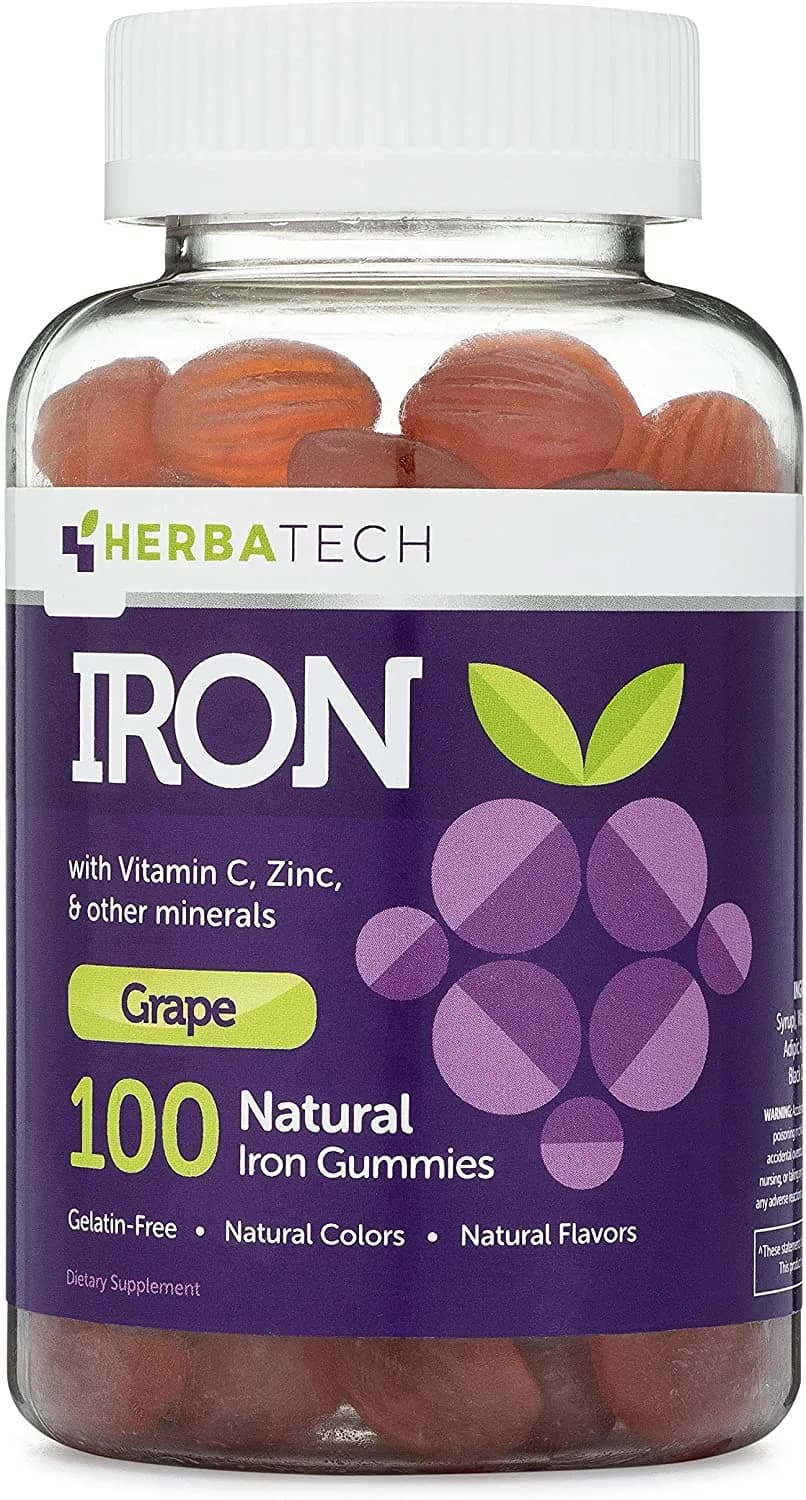 HERBATECH Iron Gummies for Adults and Kids, Chewable Multivitamin Supplement with Iron, Vitamin C, A, B, Zinc, Folic Acid, and Biotin (Grape Flavored) Vegan Safe, Made in The USA حديد طبيعى للأطفال والبالغين مع فيتامينات و معادن متعددة ، آمن ونباتى ، 100 جامى