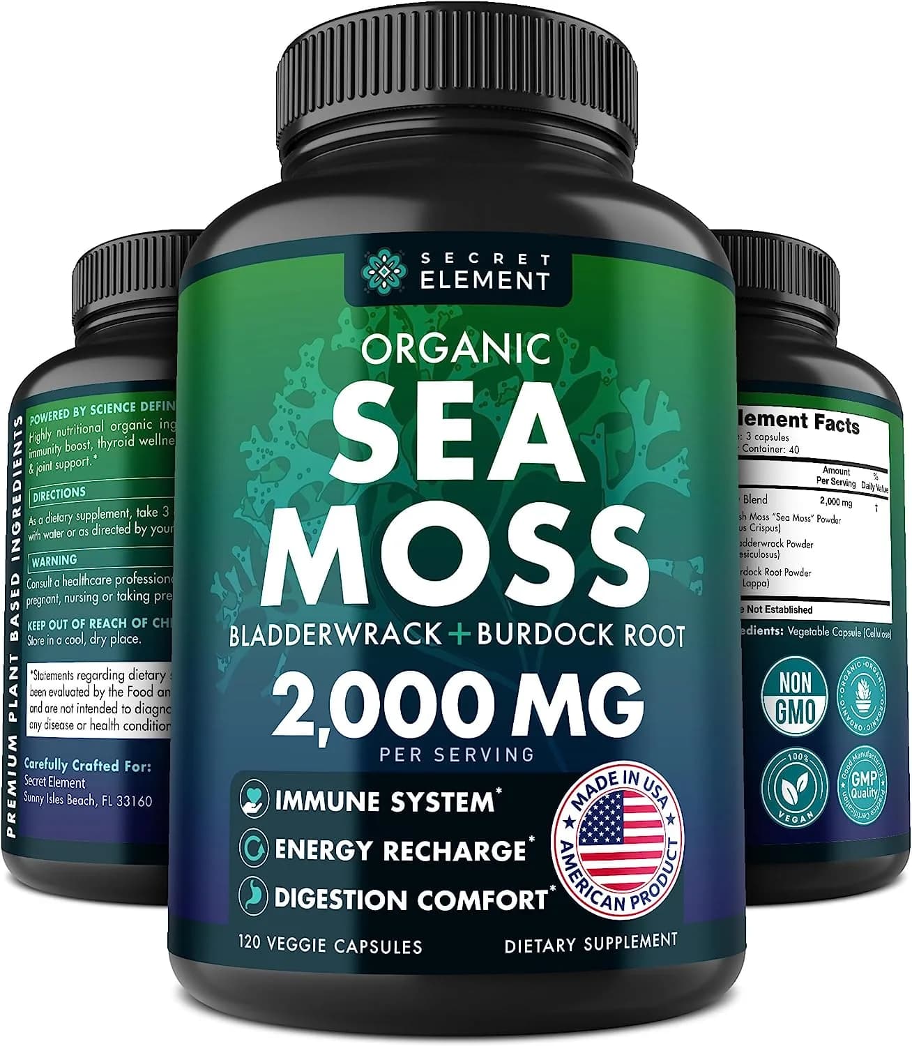 Organic Sea Moss Capsules - Burdock Root, Irish Moss and Bladderwrack Capsules - Immune System, Gut Cleanse & Thyroid Supplement - 120 Pills with All-Natural Sea Moss Powder