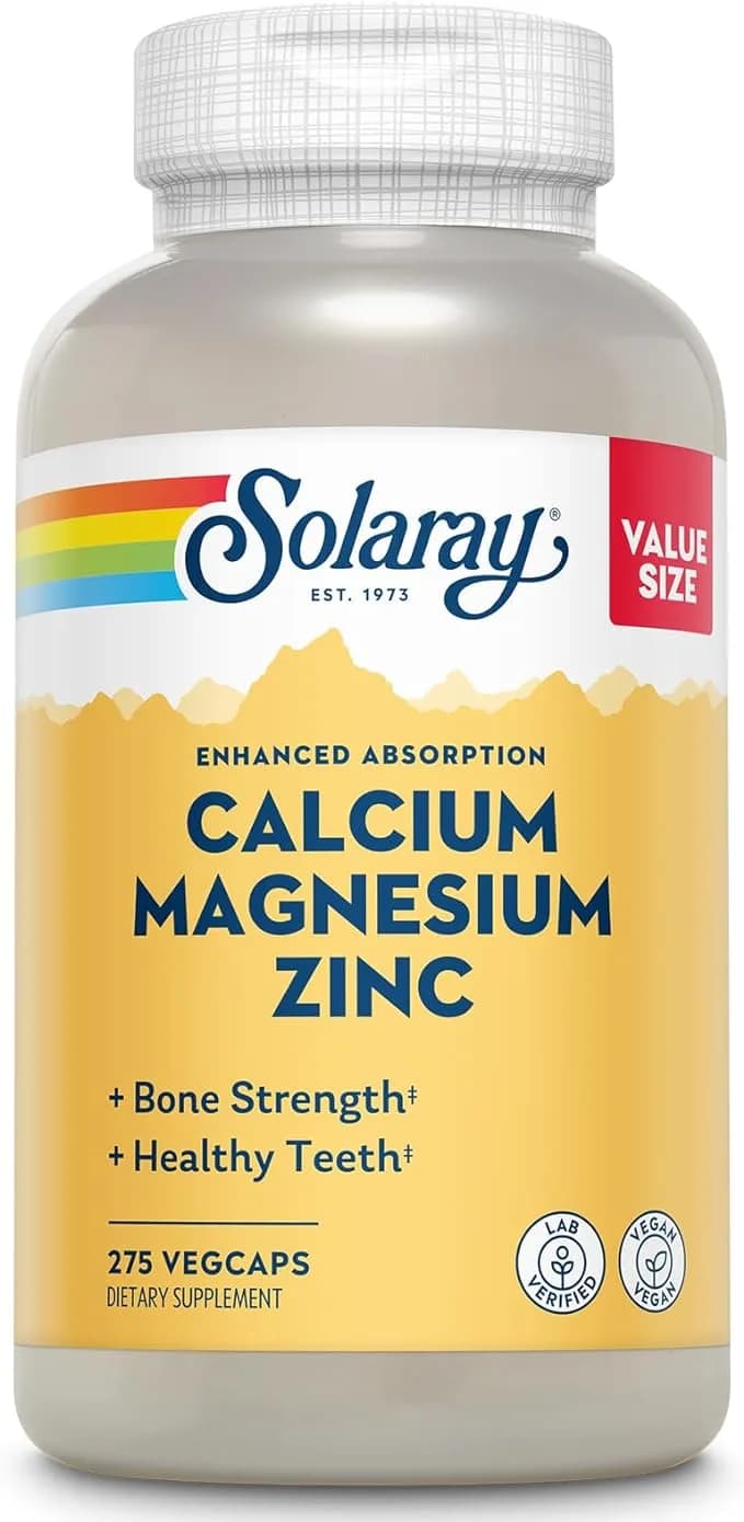 Solaray Calcium Magnesium Zinc Supplement, with Cal & Mag Citrate, Strong Bones & Teeth Support, Easy to Swallow Capsules, 60 Day Money Back Guarantee, 68 Servings, 275 VegCaps