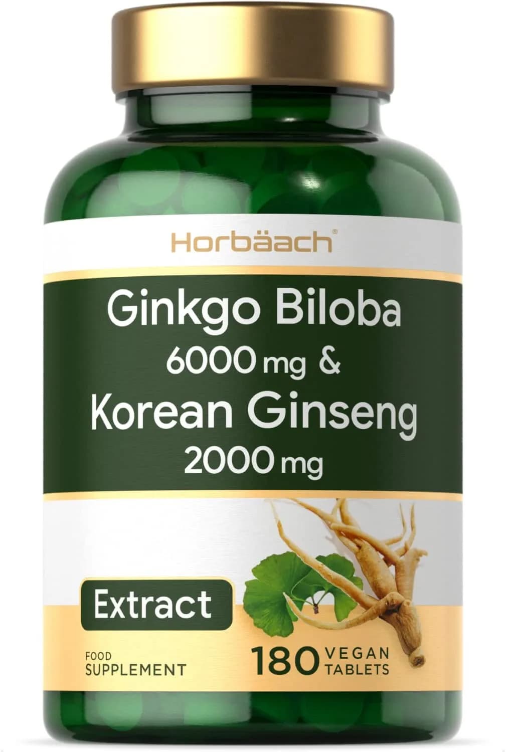 Ginkgo Biloba 6000mg & Korean Panax Ginseng 2000mg | 180 Vegan Tablets | High Strength | Non-GMO, Gluten Free Supplement | No Artificial Preservatives