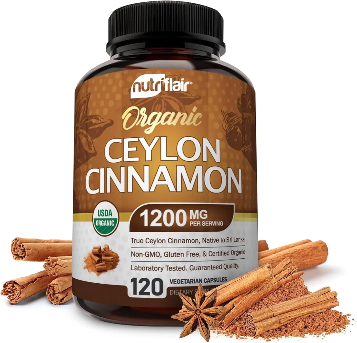 NutriFlair Organic Ceylon Cinnamon 1200mg, 120 Capsules