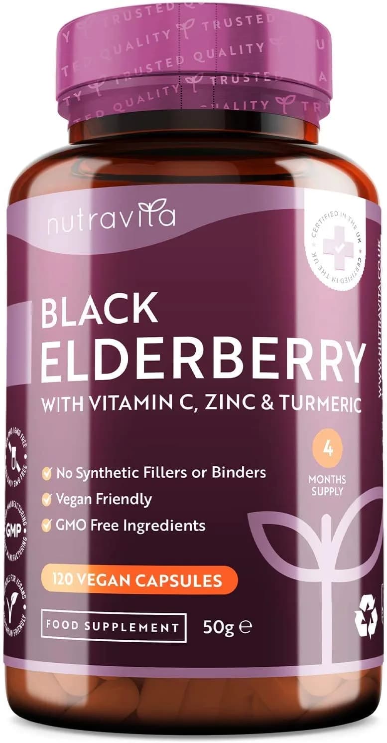 Nutravita Black Elderberry Complex with Vitamin C, Zinc and Turmeric - 120 Vegan Capsules - Immune System Support with No Synthetic Binders or Fillers نيوترافيتا إلدربيرى الأسود مركب مع فيتامين ج و الزنك والكركم، 120 كبسولة نباتية، لدعم صحة الجهاز المناعى