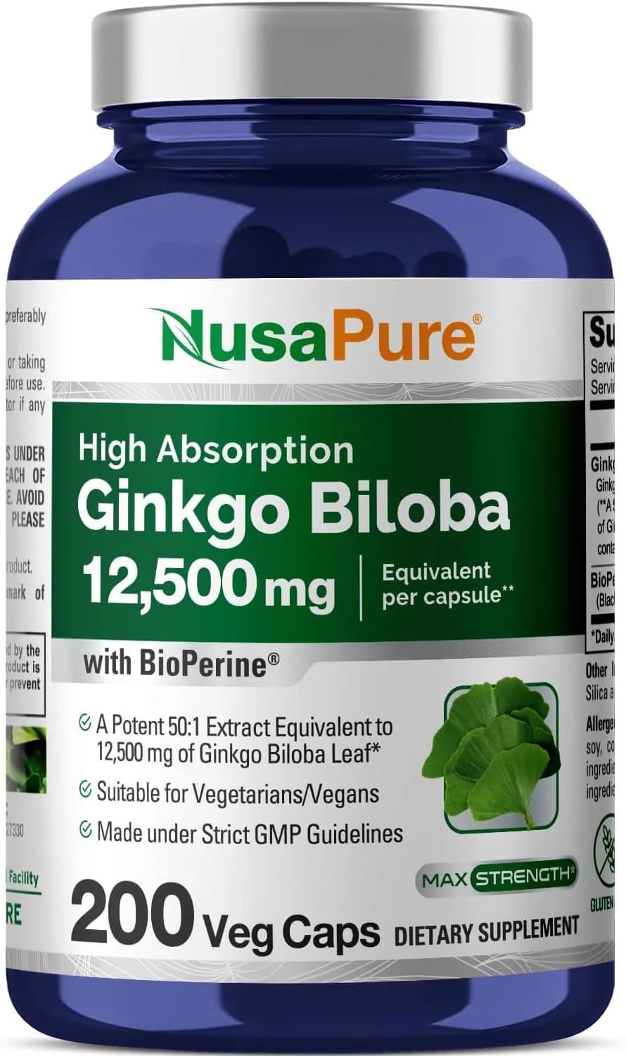 Ginkgo Biloba Extract, 12500 mg, 200 Capsules by Nusapure
