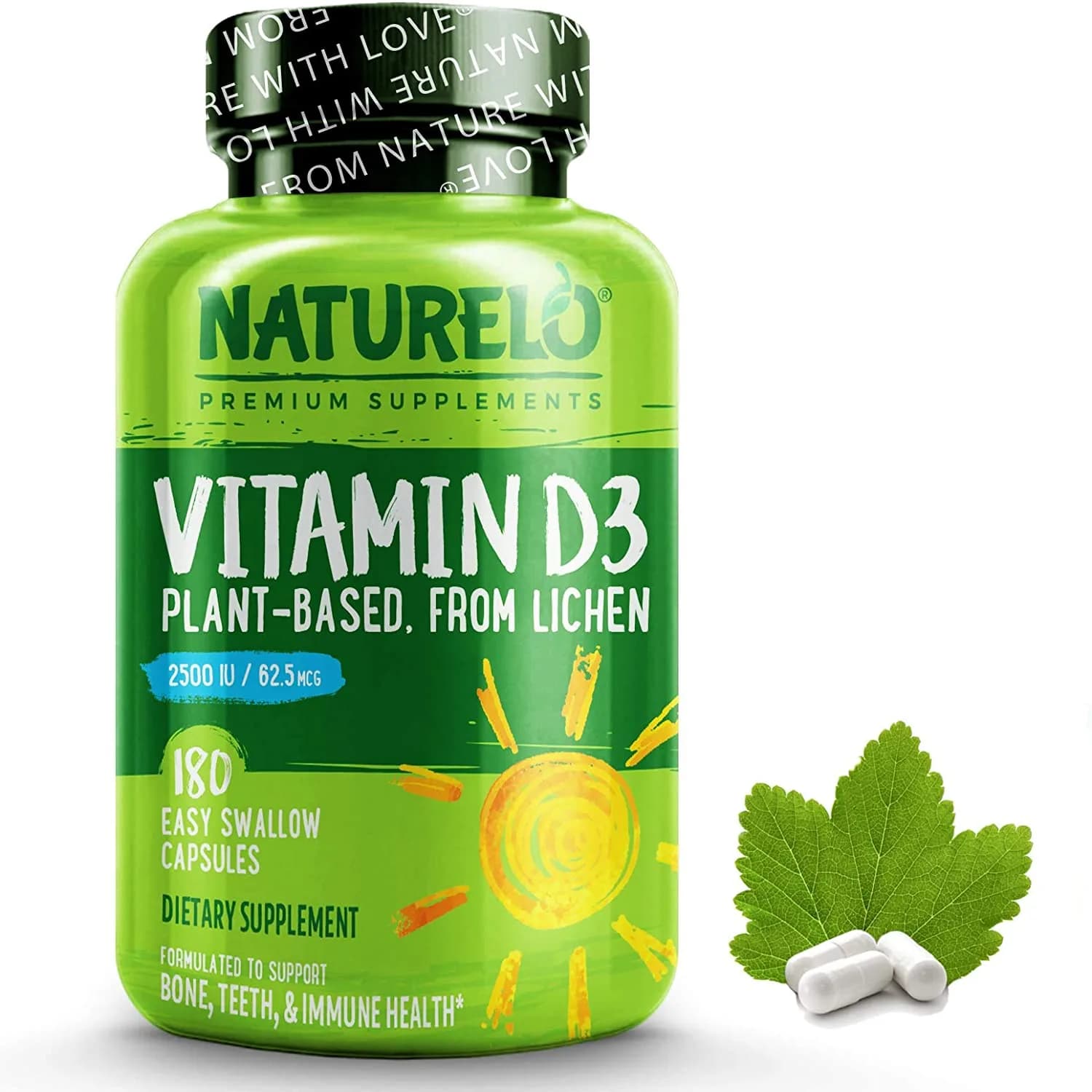 NATURELO Vitamin D - 2500 IU - Plant Based from Lichen - Natural D3 Supplement for Immune System, Bone Support, Joint Health - Vegan - Non-GMO - Gluten Free - 180 Mini Capsules فيتامين د3 2500 وحدة دولية ، النباتى الطبيعى ، لصحة الجهاز المناعى والعظام ، 180 كبسولة