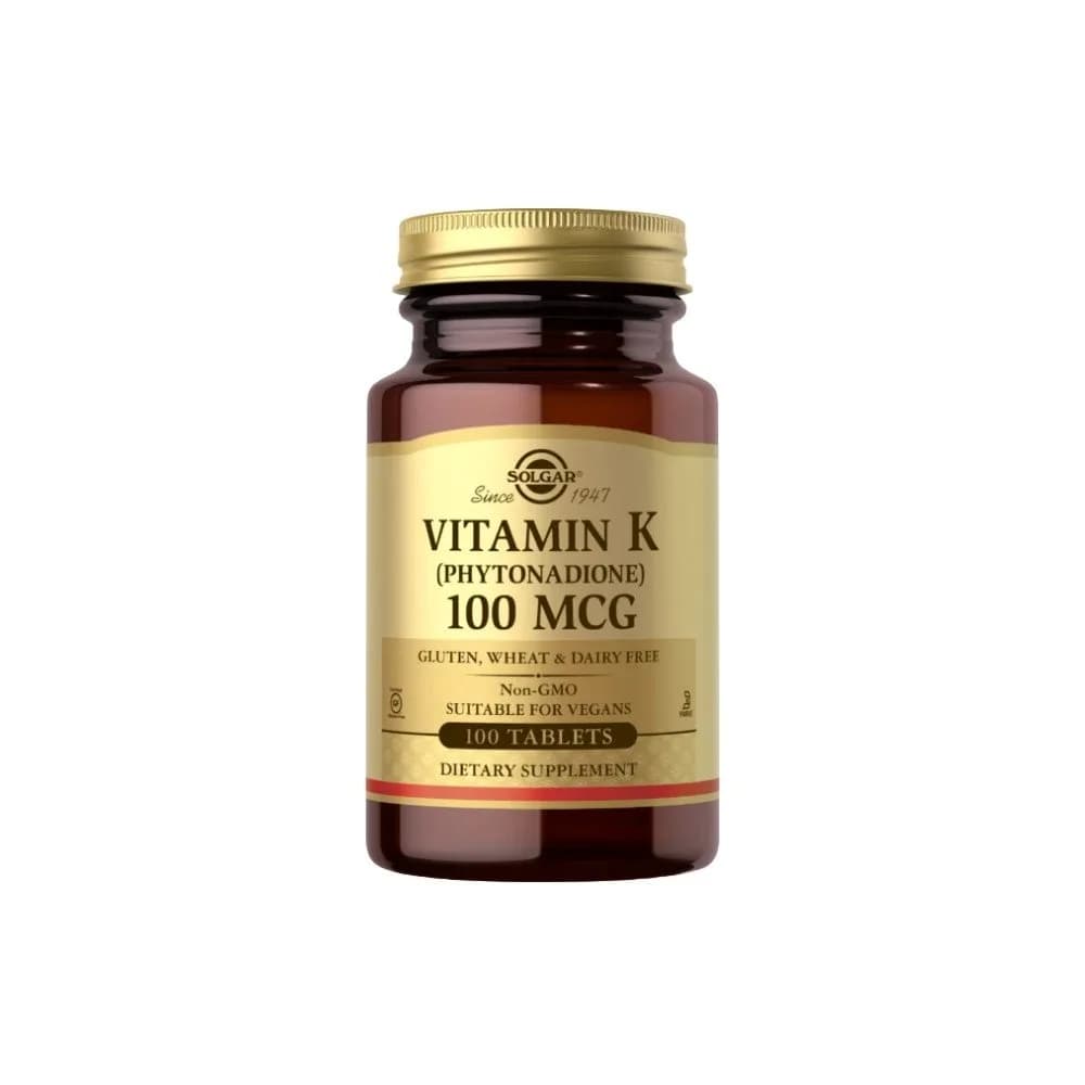 Solgar Vitamin K 100 mcg, 100 Tablets - Supports Bone Formation & Normal Blood Clotting - Non-GMO, Vegan, Gluten Free, Dairy Free, Kosher - 100 Servings