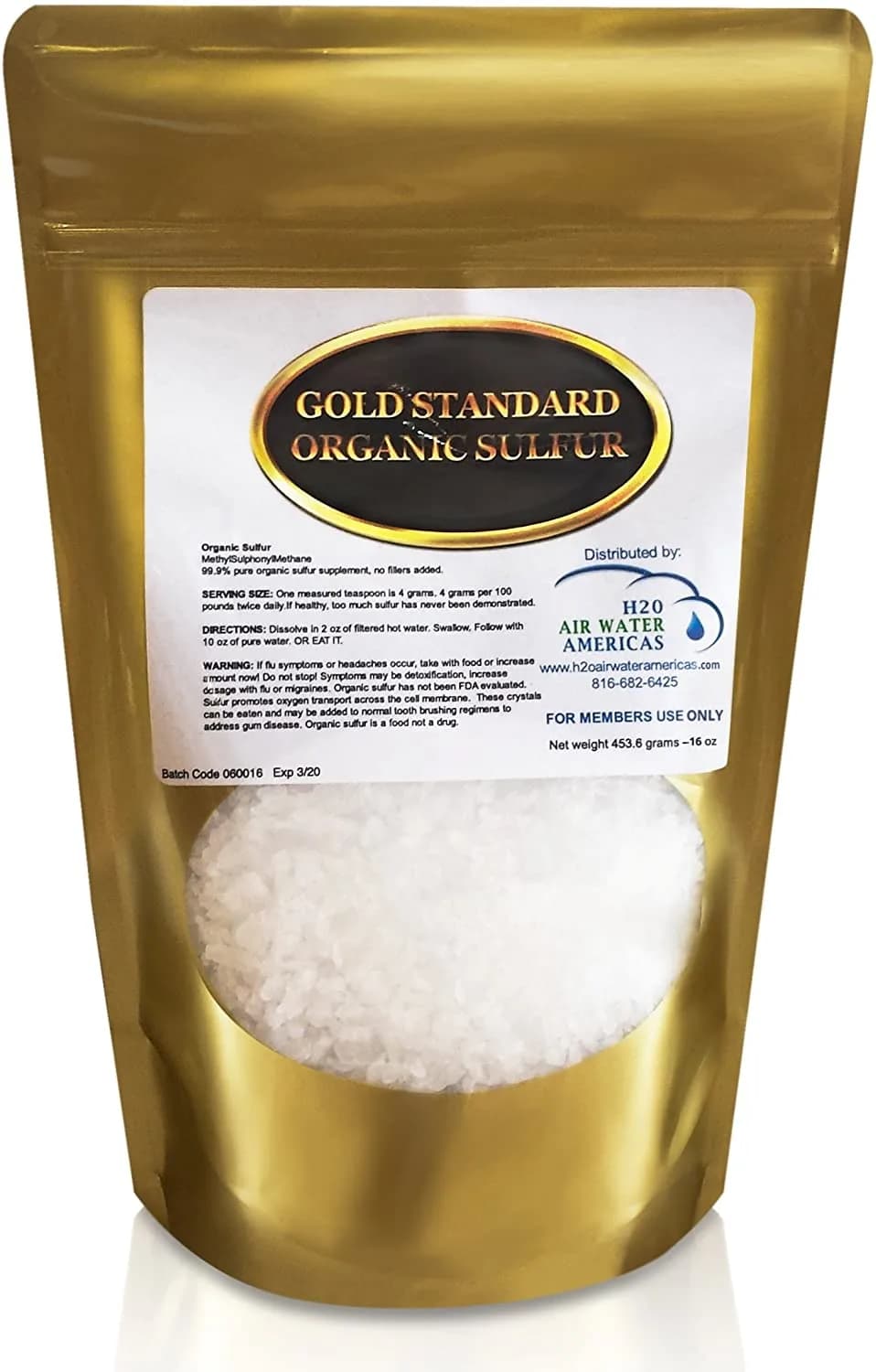 Gold Standard Organic Sulfur Crystals 1lb - 99.9% Pure MSM Crystals - Largest Granular Flakes Available - 3rd Party Tested بلورات ميثيل سلفونيل ميثان -453.6جرام