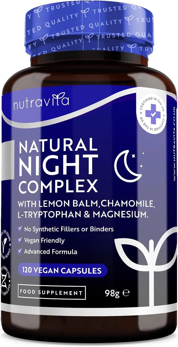 Nutravita Natural Night Complex– with Lemon Balm, Chamomile, 5HTP, Magnesium, Vitamin B12 –120 Capsules