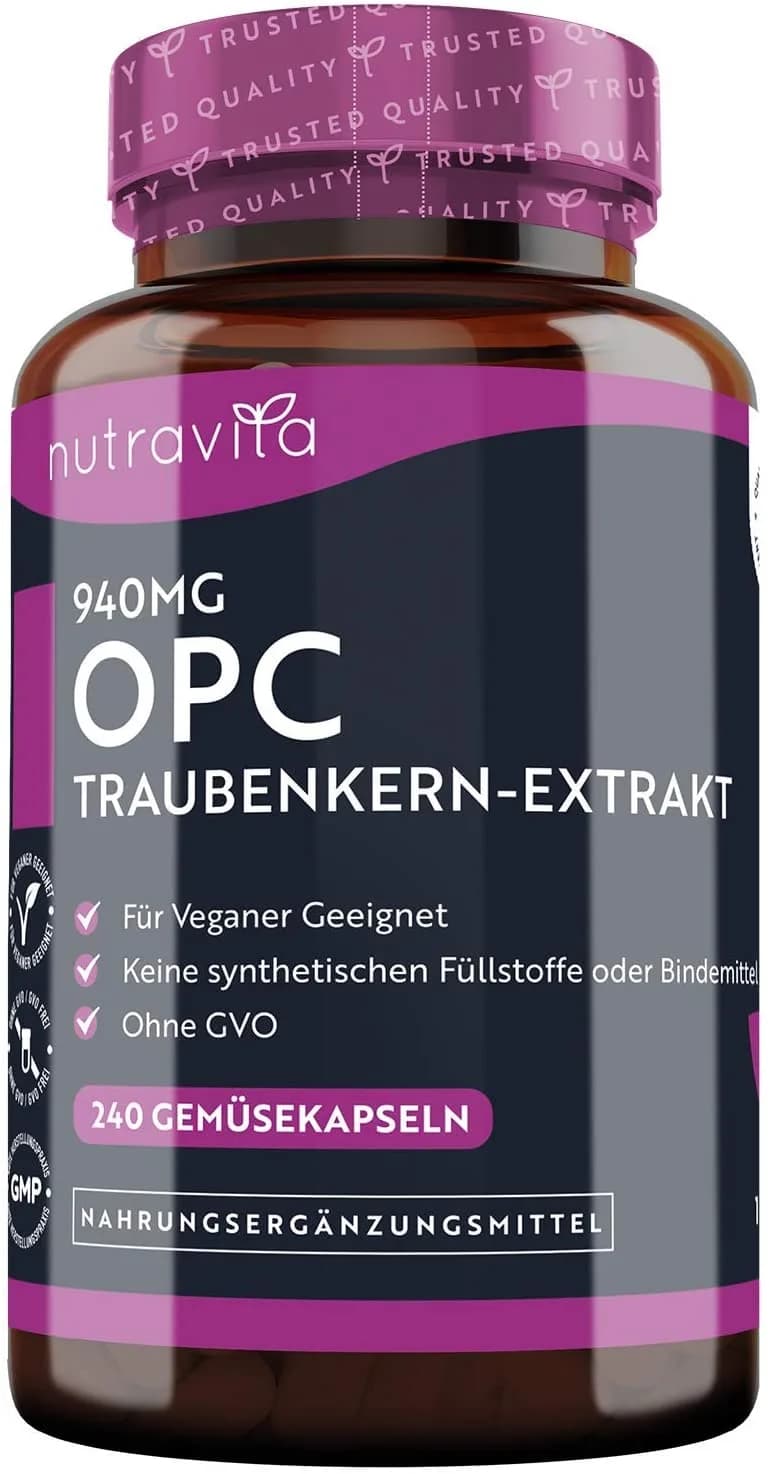 Nutravita OPC Grape Seed Extract - 940 mg Extract (704 mg Pure OPC) - Laboratory Tested in Germany - 240 Vegan Capsules - Made from Quality Italian Grapes مستخلص بذور العنب 940 مجم (يحتوي على 704 مجم من بذور العنب النقى للجرعة) ، 240 كبسولة نباتية.