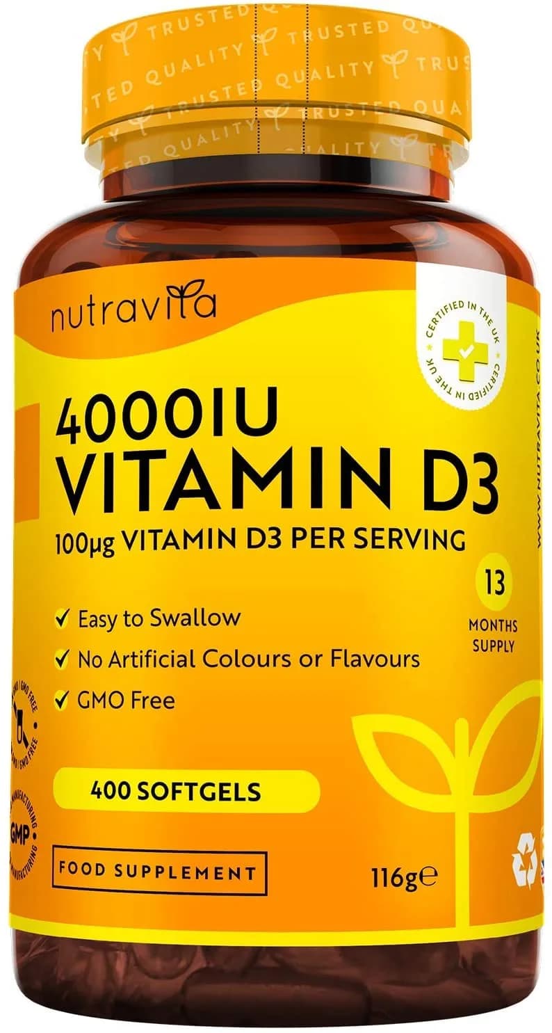 Nutravita Vitamin D 4000 IU - Maximum Strength - 400 Easy to Swallow Softgels - Over A Year's Supply - High Strength VIT D3 - Manufactured in The UK by Nutravita فيتامين د3 عالى التركيز 4000 وحدة دولية ، 400 كبسولة سوفت جل ، سهل البلع ، يكفى أكثر من عام ، لصحة الجهاز المناعى والعظام والعضلات