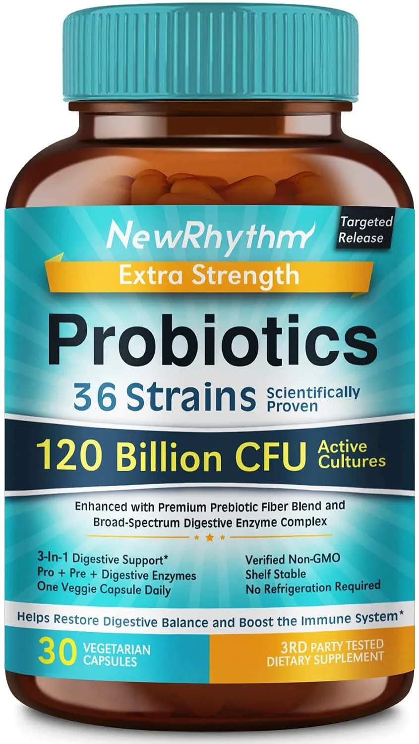 NewRhythm Extra Strength Probiotics 120 Billion CFU 36 Strains, 3-in-1 Digestive & Immune Support with Prebiotics & Enzymes, Targeted Release, Stomach Acid Resistant, No Refrigeration, Non-GMO, Vegan