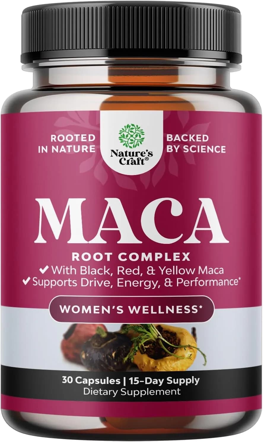 Maca Root Capsules for Women, Herbal Hormone Balance for Women with Female Enhancing Blend of Red Yellow & Black Maca Root, 30 Cap