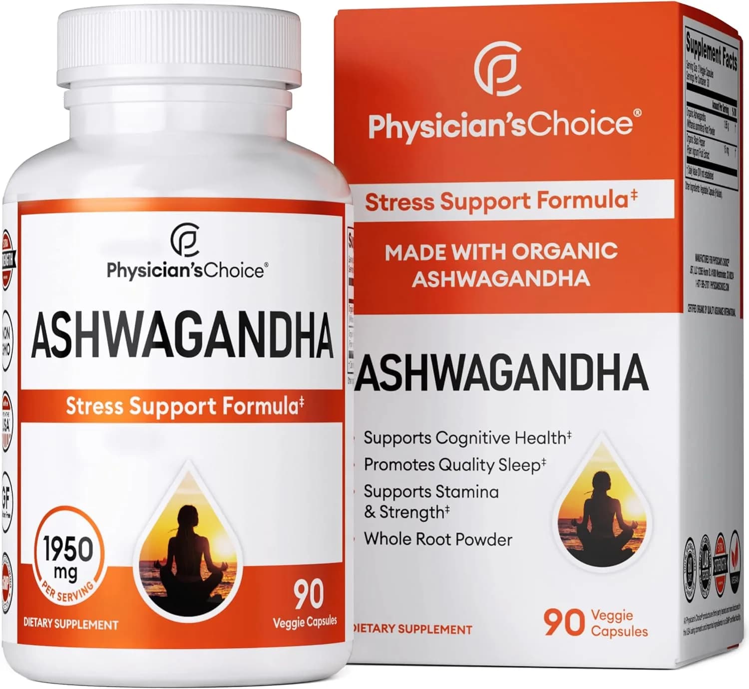 Physician's CHOICE Ashwagandha 1950mg Organic Ashwagandha Root Powder with Black Pepper Extract, Stress Support, Mood Support Supplement, 90 Veggie Ashwagandha Capsules