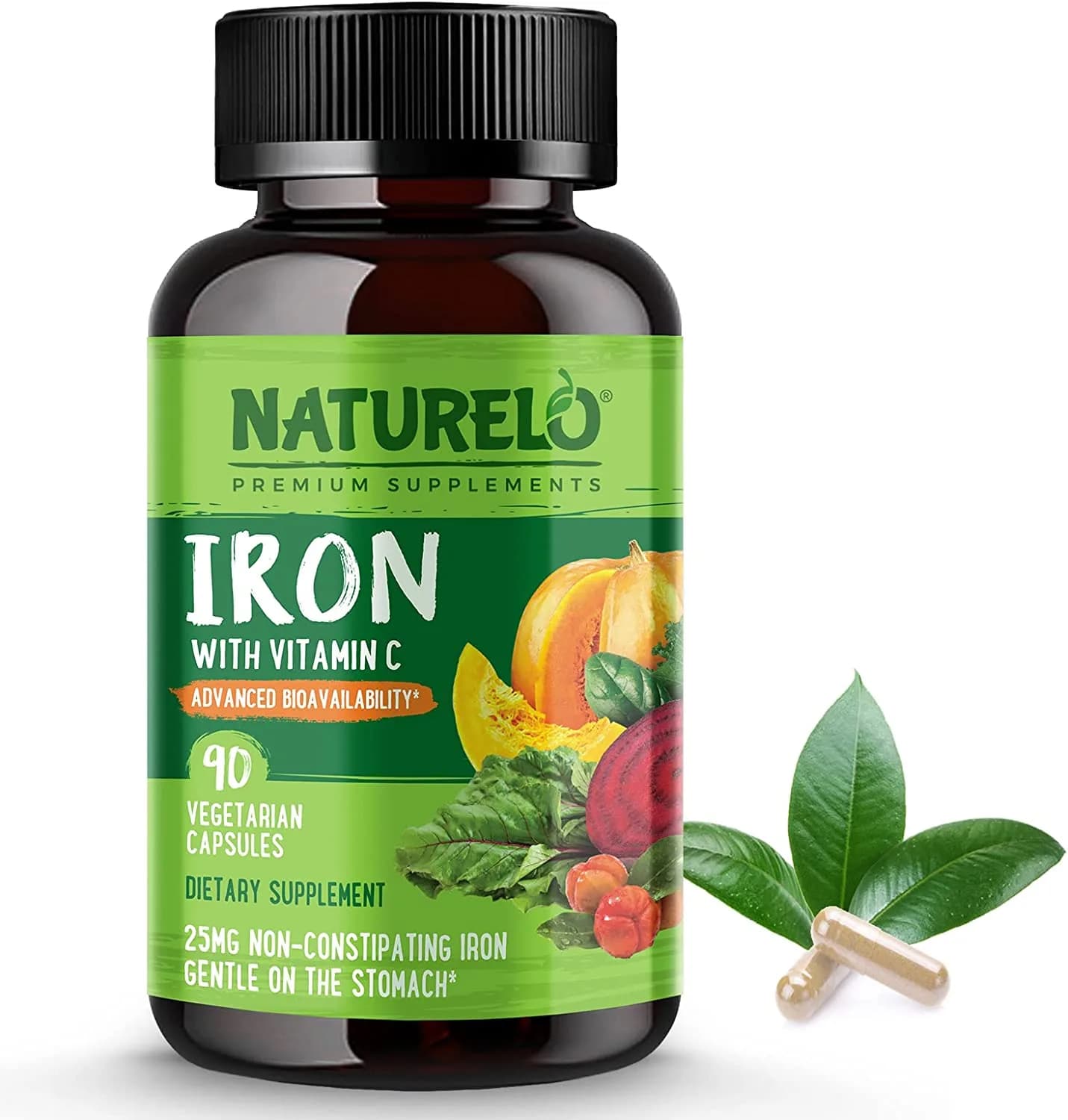 NATURELO Vegan Iron Supplement with Whole Food Vitamin C - Best Natural Iron Pills for Women & Men with Iron Deficiency, Anemia and Vegan Diets - 90 Mini Capsules