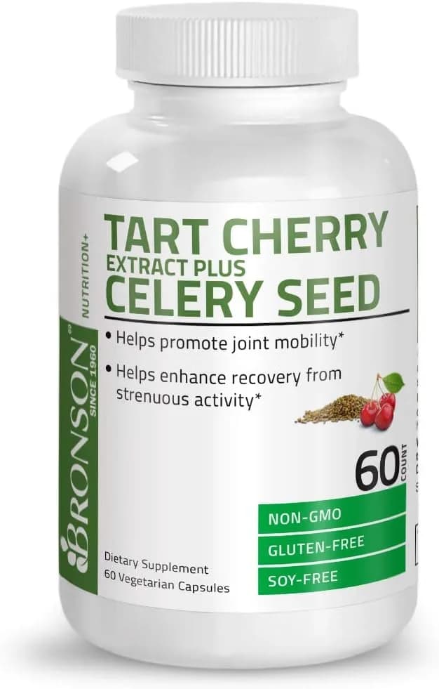 Bronson Tart Cherry Extract + Celery Seed Capsules - Powerful Uric Acid Cleanse, Joint Mobility Support & Muscle Recovery Supplement - 60 Capsules كبسولات الكرز مع بذور الكرفس، لتطهير الجسم من حمض اليوريك، ولصحة المفاصل والعضلات، 60 كبسولة نباتية