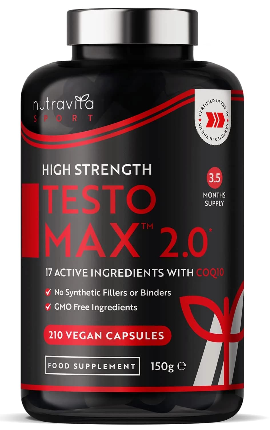 Nutravita sport TESTOMAX Testosterone Booster for Men - 210 Vegan Capsules - 1450mg per Serving - Testosterone Booster - 17 Active Ingredients Incl. Ashwagandha KSM 66®, CoQ10, Maca Root