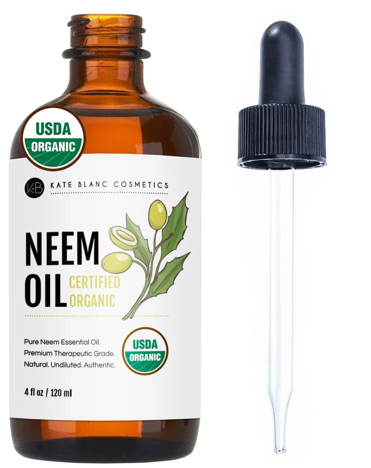 Kate Blanc Cosmetics Neem Oil (4oz) . USDA Certified Organic, Virgin, Cold Pressed, 100% Pure. Great for Hair, Skin, Nails, Acne and Plants. Natural Anti Aging Moisturizer زيت النيم العضوى لصحة البشرة والشعر والأظافر و مضاد للشيخوخة 120 مل