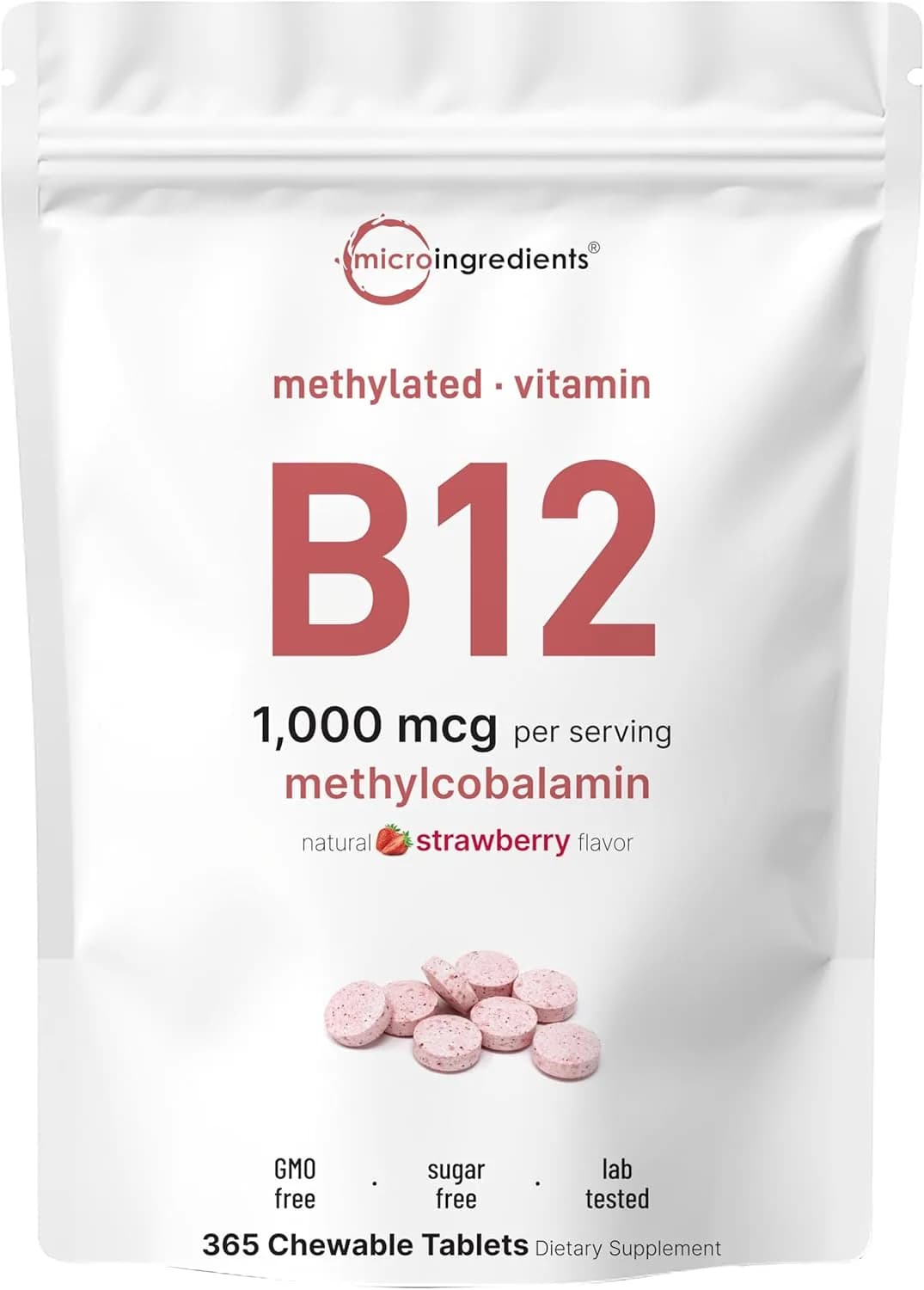 Micro Ingredients Vitamin B12 1,000mcg | Methyl B12 Active Form | 365 Chewable Tablets | Fast Dissolve, Natural Strawberry Flavor