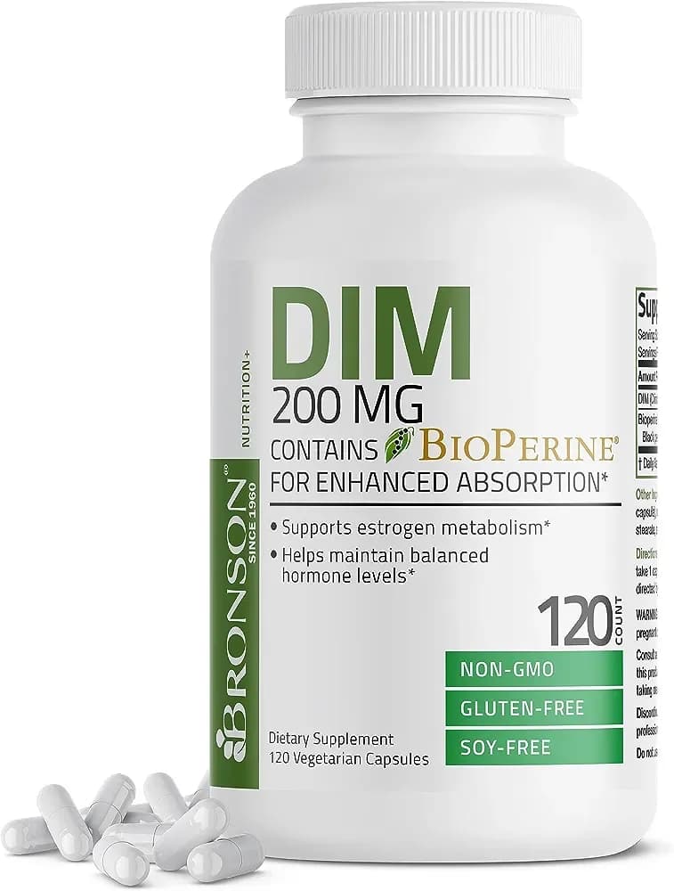 Bronson DIM Supplement 200 mg Diindolymethane with BioPerine for Enhanced Absorption, Estrogen Metabolism & Maintains Balanced Hormone Levels, 120 Vegetarian Capsules