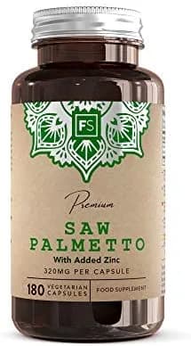 FS Saw Palmetto Capsules High Strength 320mg with Added Zinc 15mg | Saw Palmetto Extract (20:1) | 180 Vegan Capsules - 6 Month Supply | Gluten Free | Made in The UK in ISO Licensed Facilities بالميتو المنشار 320 مجم للكبسولة بنسبة إستخلاص 1: 20 مع الزنك 15 مجم ، 180 كبسولة بناتية ، تكفى لمدة 6 أشهر
