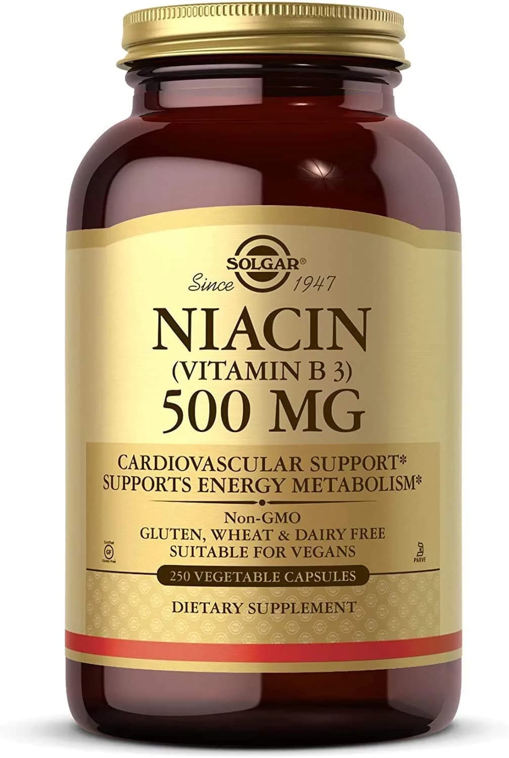 Niacin Vitamin B3 Cardiovascular Support Energy Metabolism, 500 mg, 250 Capsules by Solgar