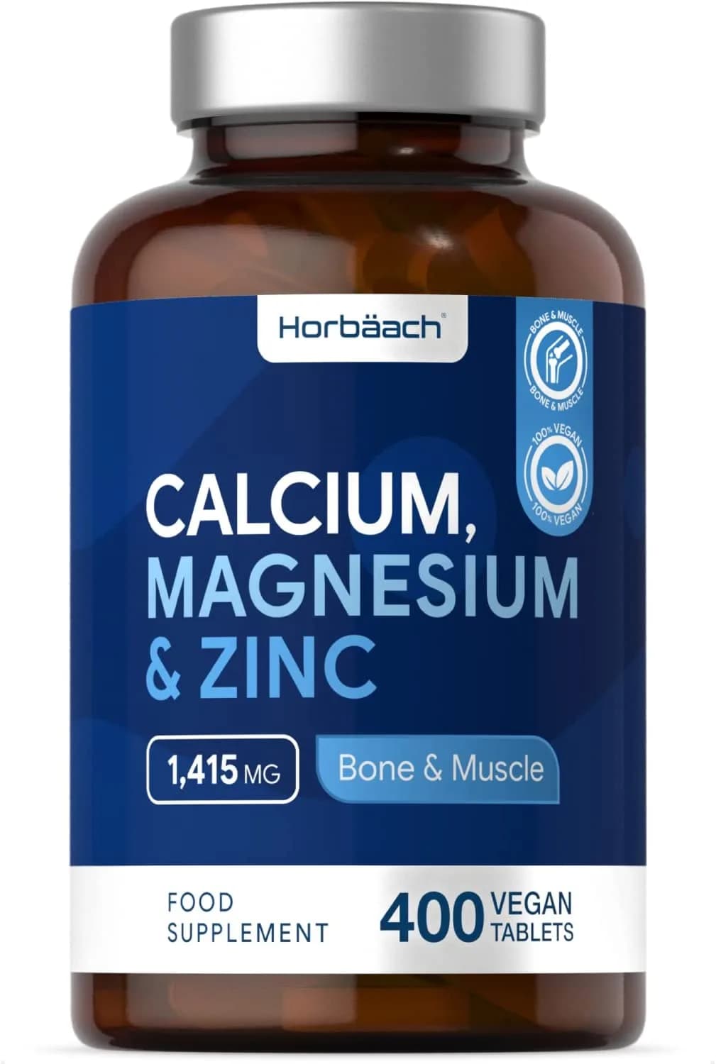 Calcium Magnesium Zinc Complex | 400 Vegan Tablets | Bones, Teeth & Muscle Function | High Strength Osteo Supplement | No Artificial Preservatives | by Horbaach الكالسيوم والمغنيسيوم و الزنك | 400 قرص نباتي | يدعم وظيفة العظام والأسنان والعضلات | مكمل غذائي عالي القوة