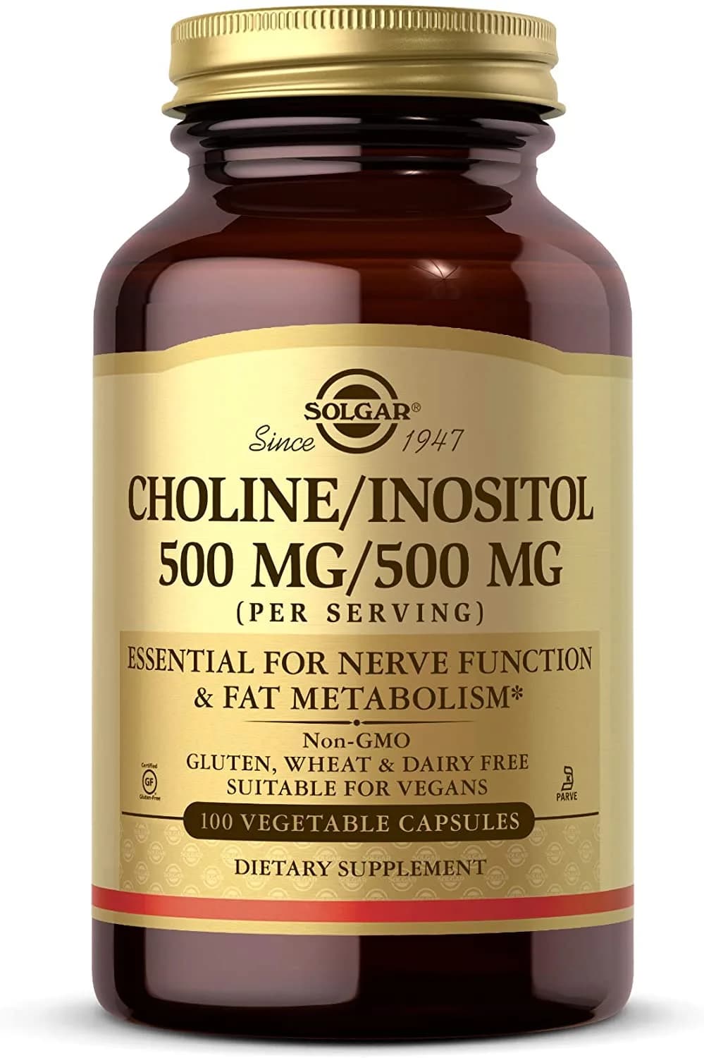 Solgar Choline/Inositol 500 mg/500 mg, Energy Metabolism, Liver Health, Essential for Brain & Nerve Function,100 Capsules